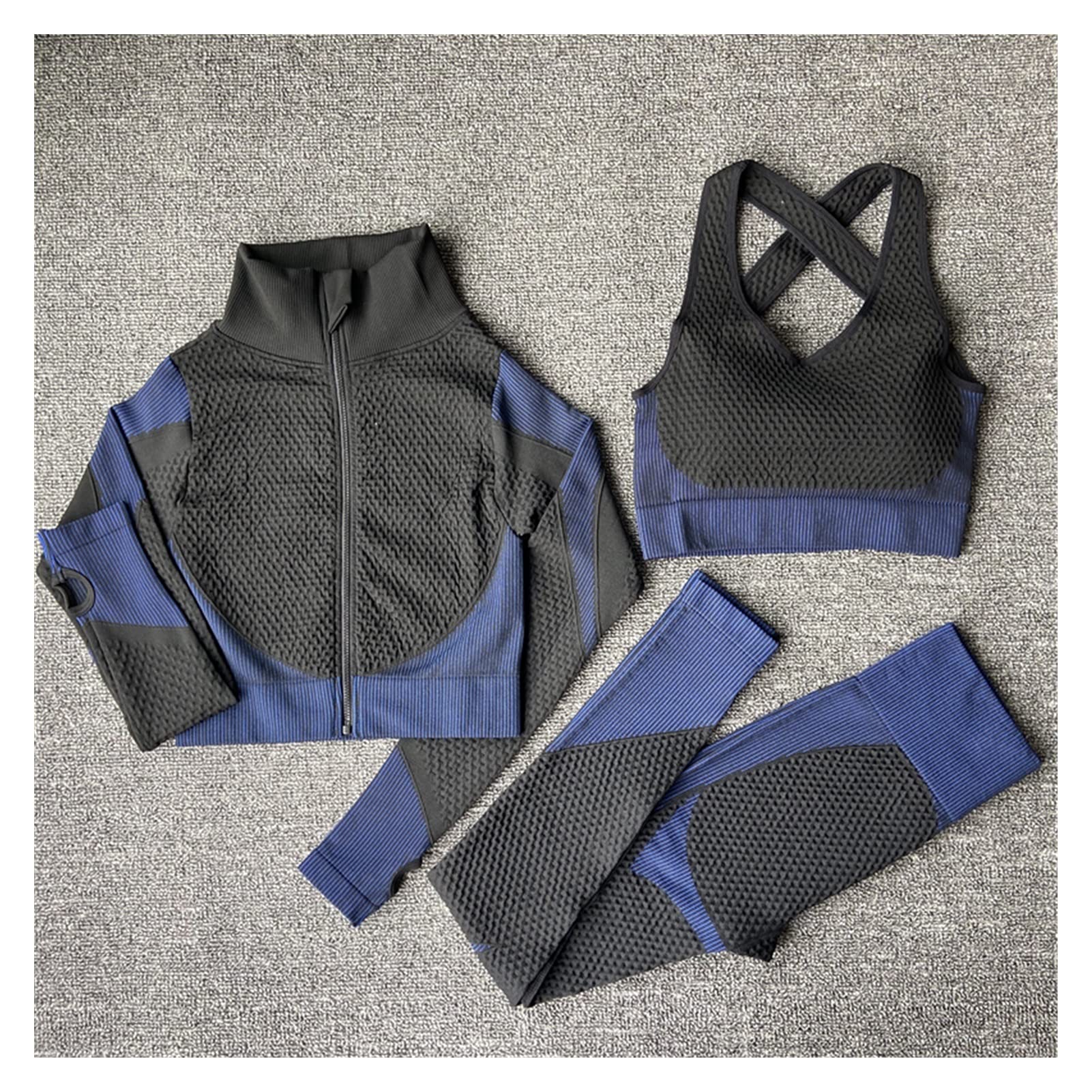 2/3PCS Seamless Women's Yoga Set - Long Sleeve Crop Top & High Waist Leggings - Gym Workout Sportswear - Fitness Clothing for Yoga, Pilates & Running (3PcsSetBlue, Small)