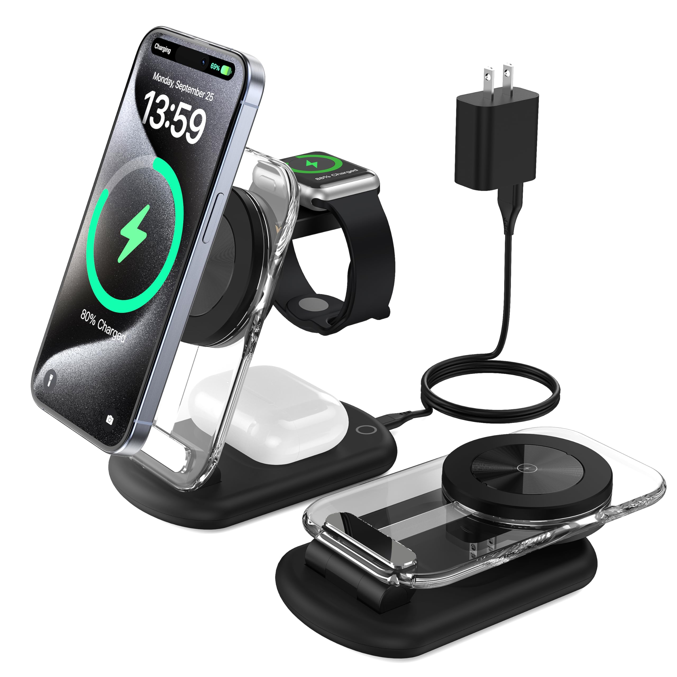 3-in-1 Foldable Magnetic Wireless Charging Station for iPhone 15/14/13/12 Series, AirPods 3/2/Pro & Apple Watch - Adjustable Mag-Safe Travel Charger with LED Indicator | Perfect for Home, Office & Travel Use