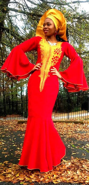 Black Panther Red Dress with Gold Embroidery - Elegant African Print Maxi Dress for Women | Perfect for Cosplay, Halloween Costume, and Cultural Events