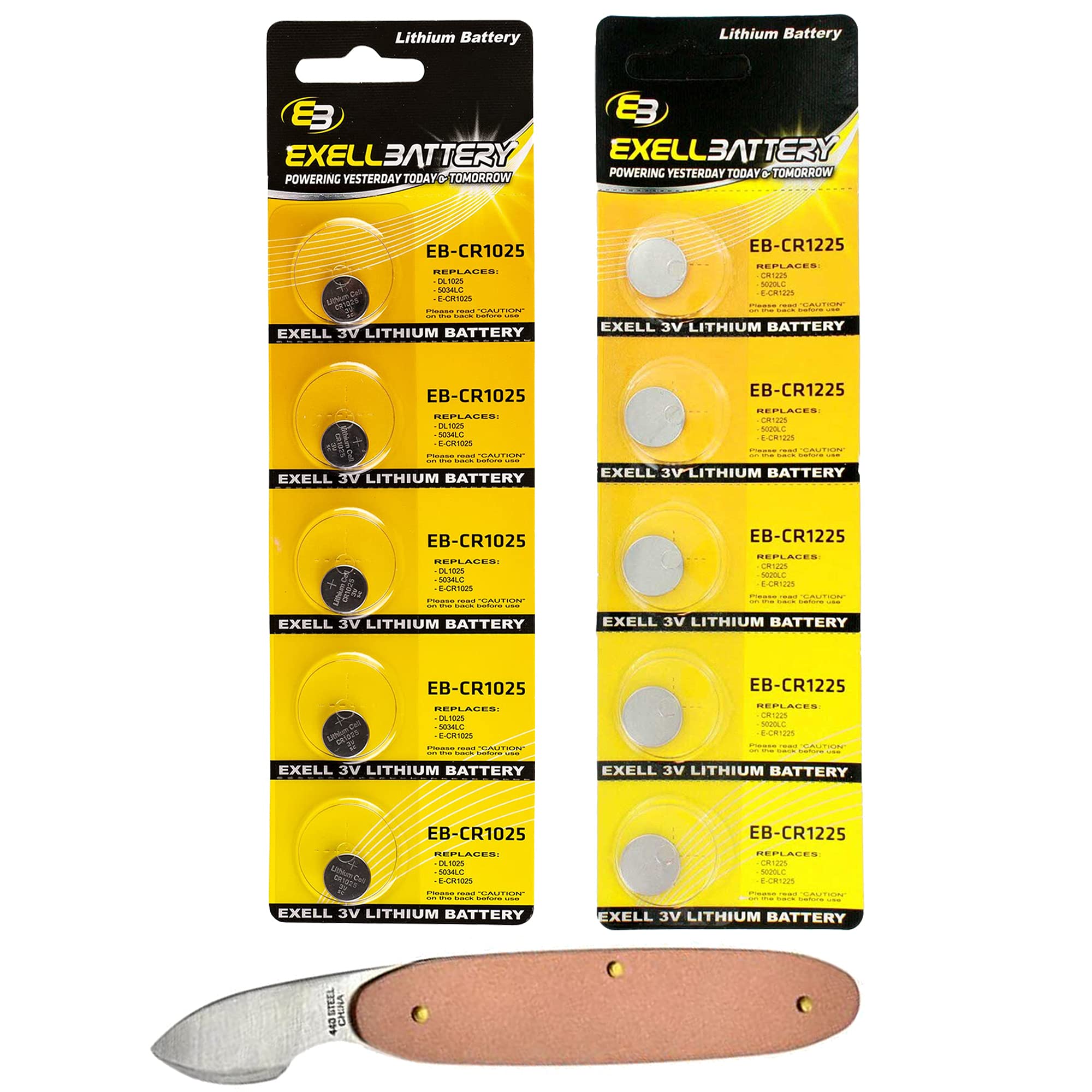 Exell Coin Cell Battery Combo Pack - 5pk CR1025 & 5pk CR1225 Batteries with Watch Back Opener Tool - Perfect for Watches, Calculators, Key Fobs, and Small Electronics
