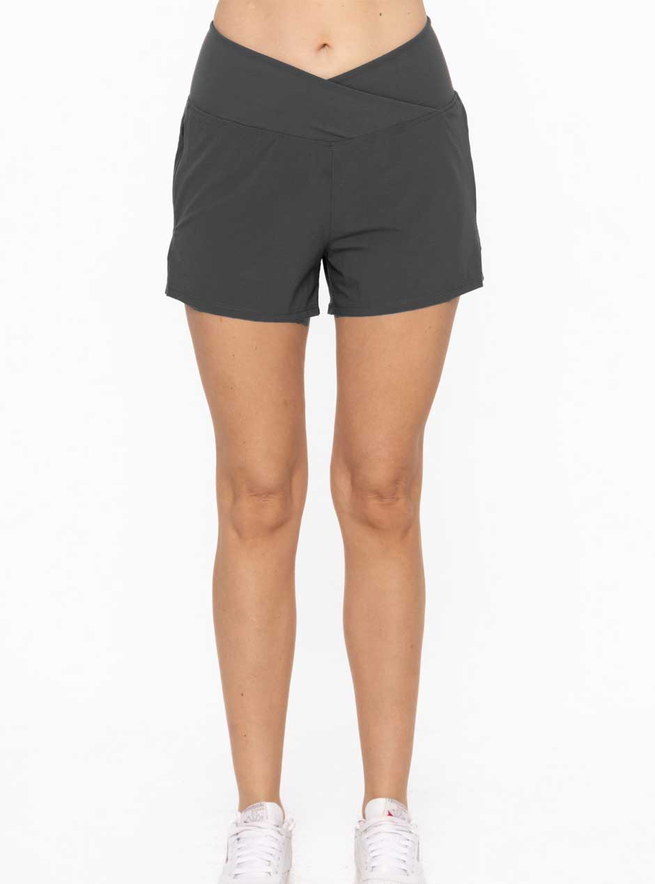 **Women's High-Waisted Running Shorts - Mono B Crossover Waist Athletic Shorts for Women - Breathable & Comfortable Workout Shorts - Perfect for Jogging, Yoga & Gym (Black)**