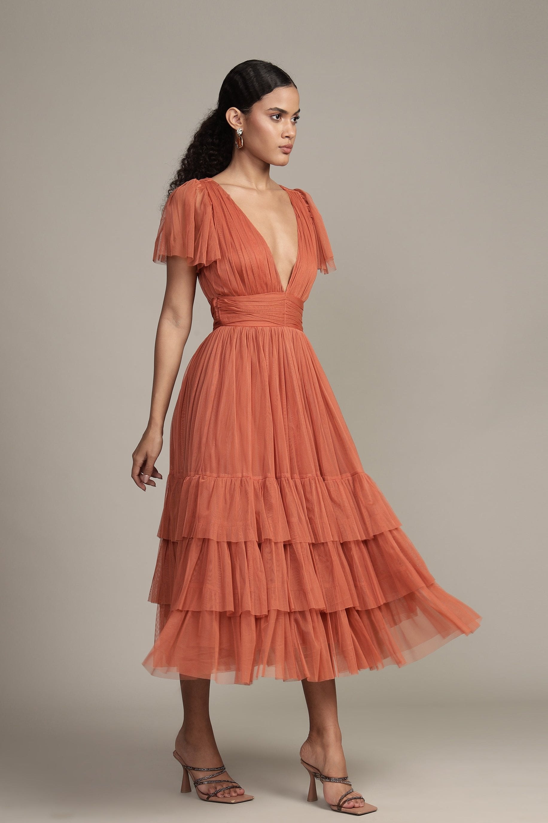 Madison Terracotta Pink Tulle Bridesmaid Midi Dress - Elegant Wedding Party Gown for Bridesmaids, Formal Events & Special Occasions