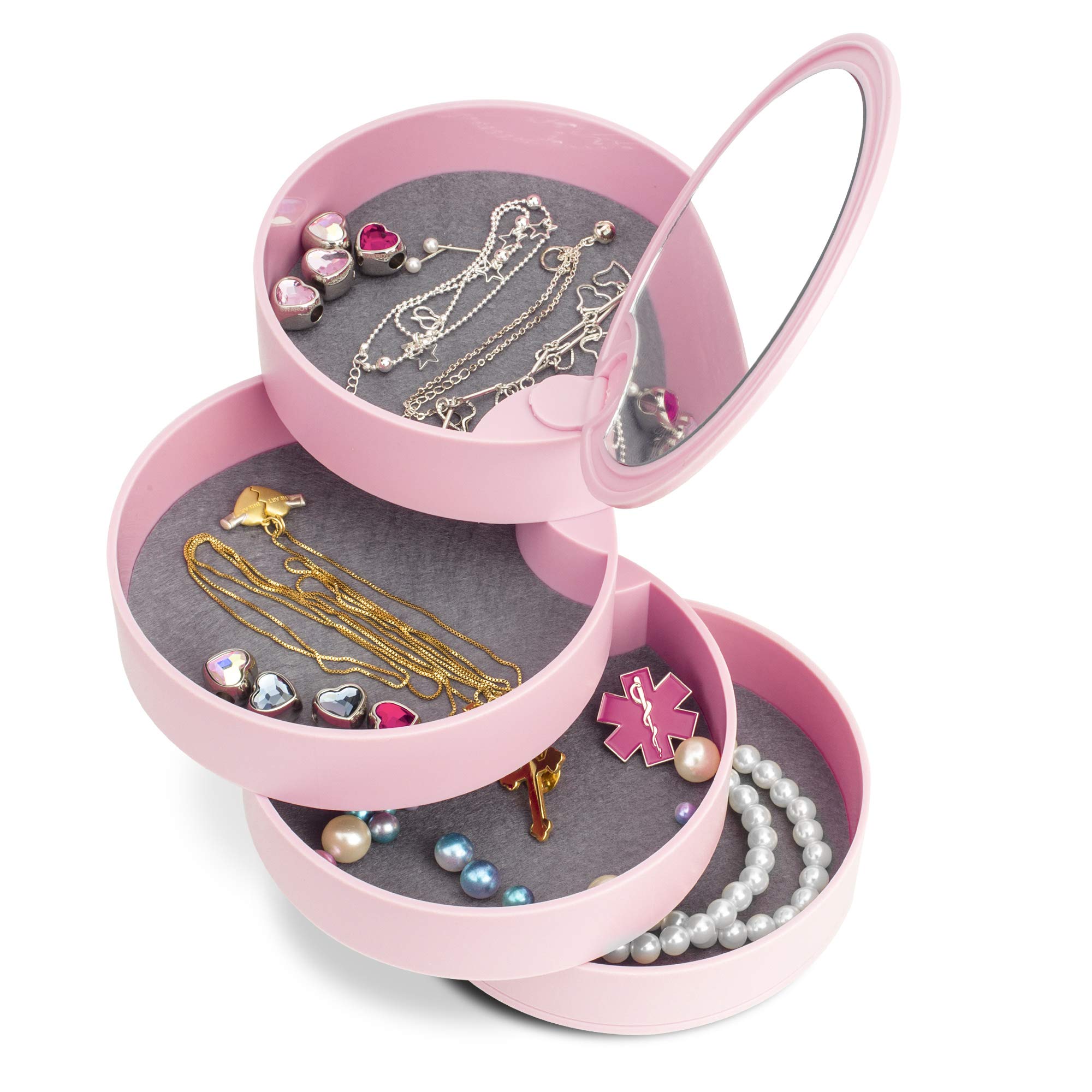 HengLiSam 4-Layer Rotating Jewelry Organizer Box with Mirror - Pink Travel Jewelry Case for Earrings, Bracelets & Rings - Perfect for Women's Vanity, Dresser & Travel Accessory Storage