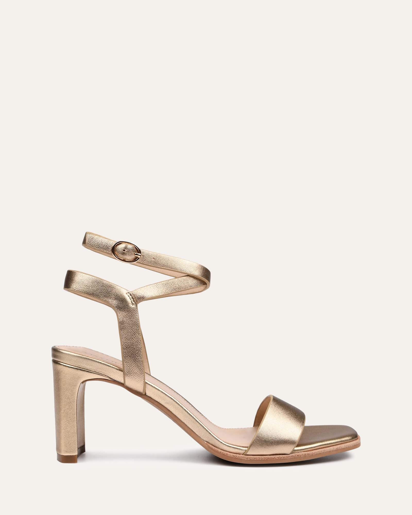 NATSU Women's Mid Heel Sandals - Soft Gold Genuine Leather Comfortable Summer Dress Shoes for Beach, Wedding & Party Occasions