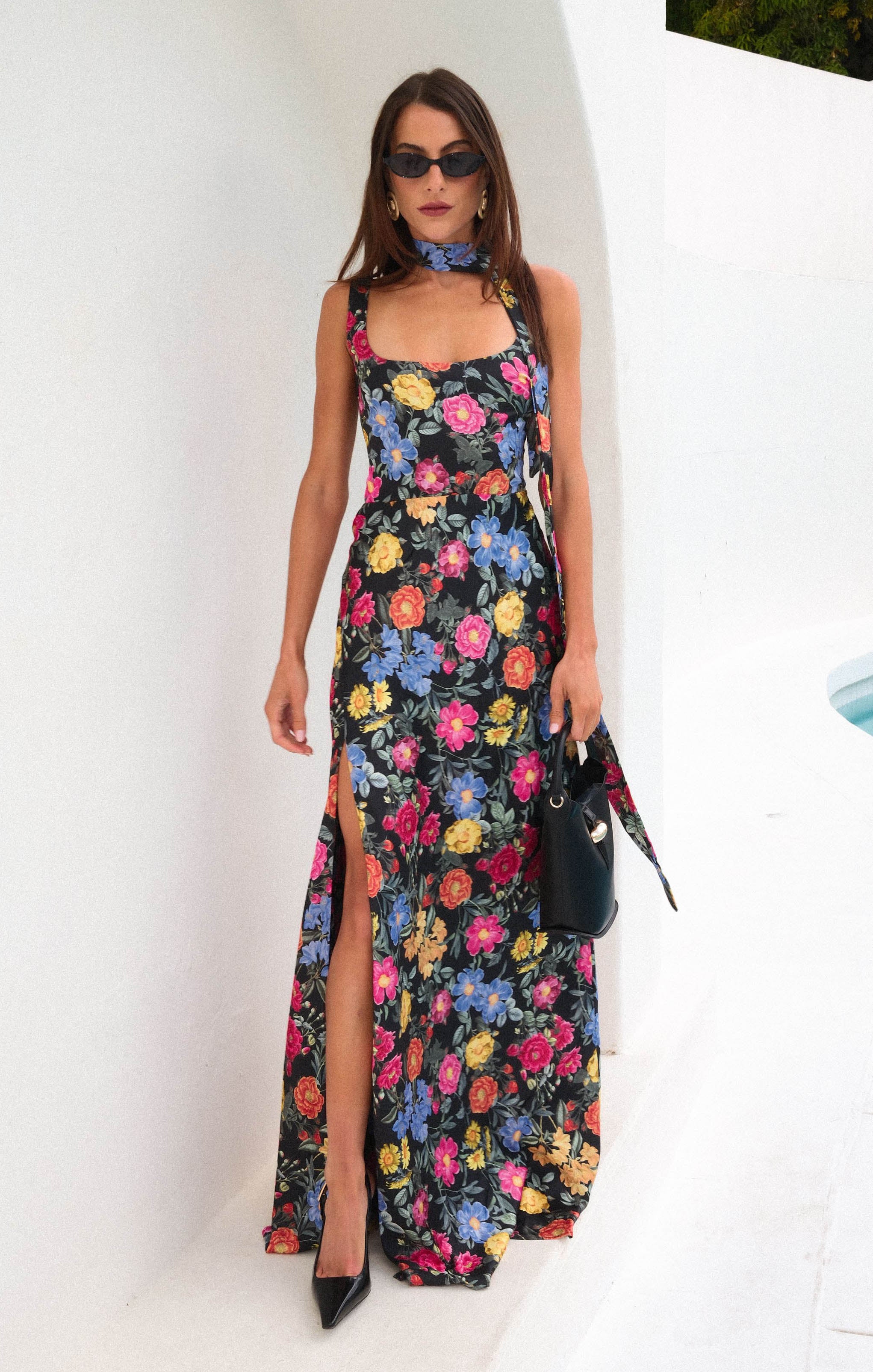 Lana Maxi Dress - Elegant Black Satin Long Dress with Charm Peony Design | Perfect for Evening Parties, Weddings & Special Occasions