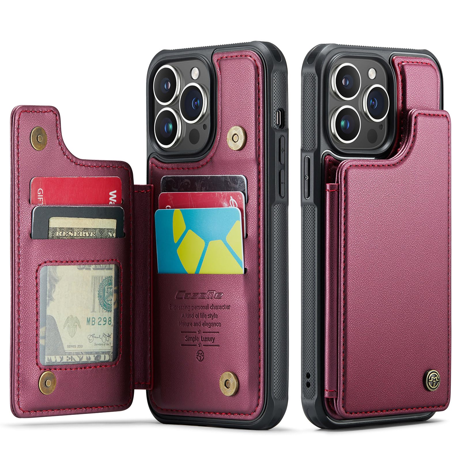 Premium PU Leather Wallet Case for iPhone 15 Pro Max - RFID Blocking Card Holder with Magnetic Closure | Shockproof Protective Cover for Men & Women (Red) | Perfect for Business Travel, Commuting & Everyday Use
