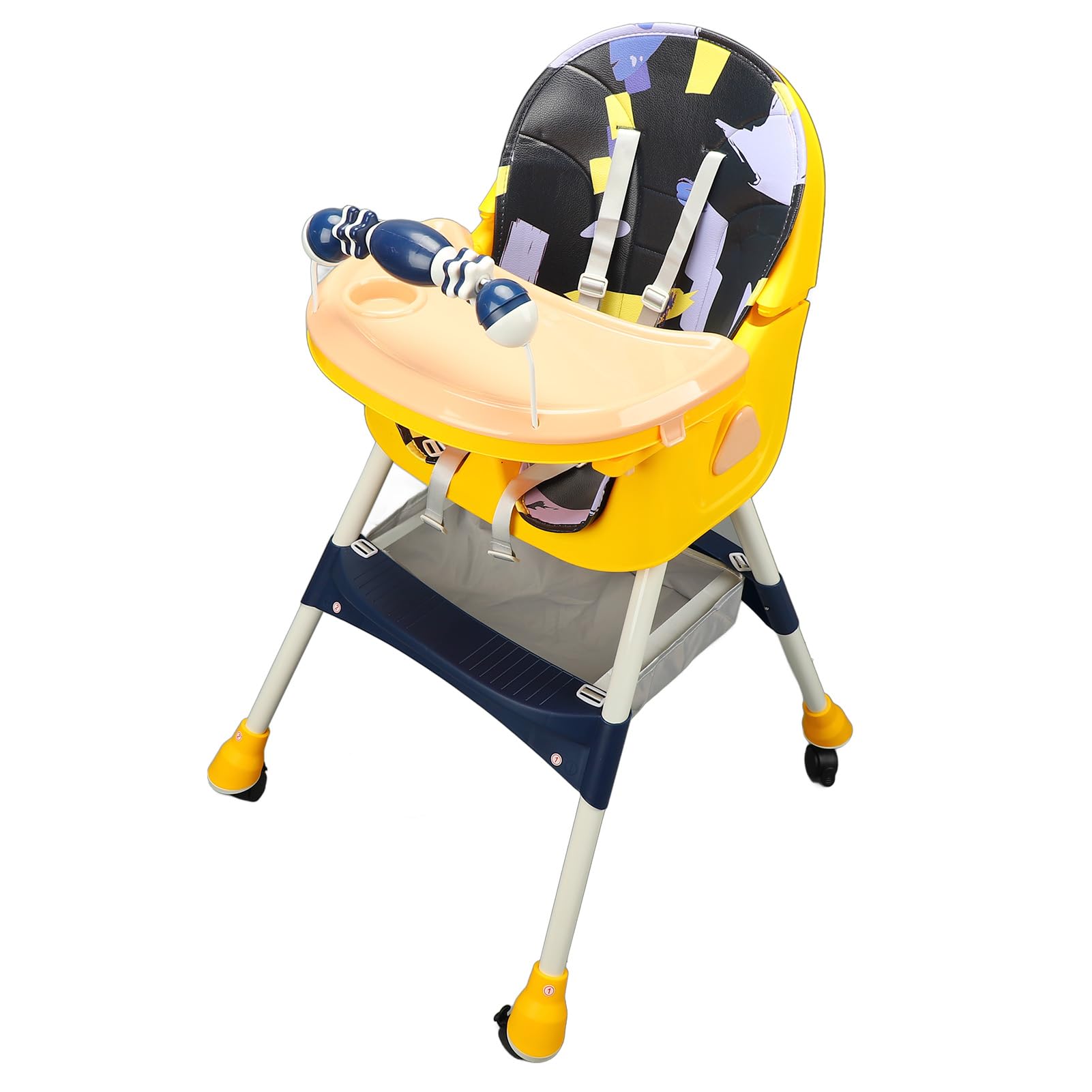 Foldable Baby High Chair with Locking Wheels & Removable Trays - Adjustable Dining Booster Seat with Bib & Suction Plate for Toddlers - Perfect for Home, Restaurant & Travel Use