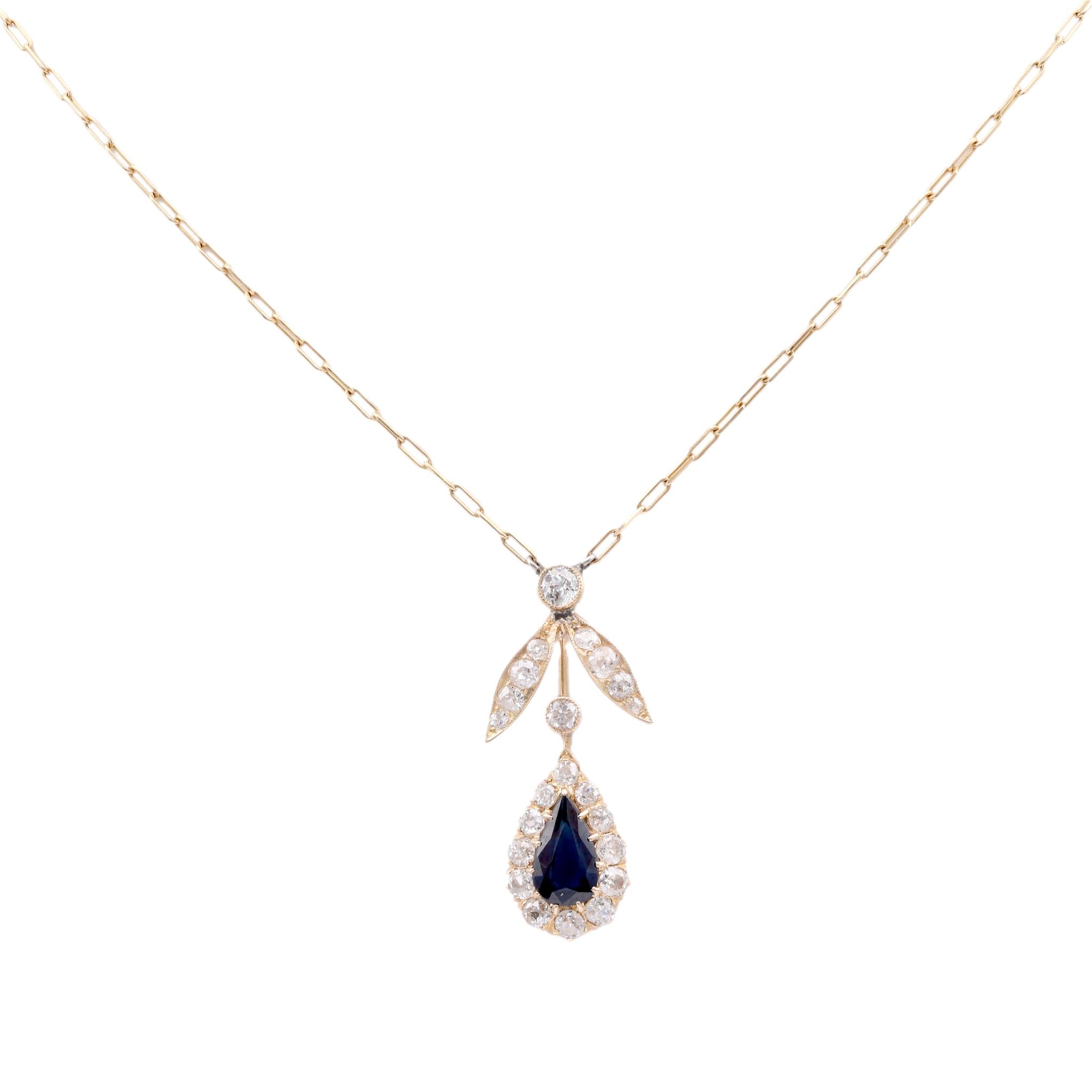 Edwardian Sapphire Diamond 18K Yellow Gold Cluster Necklace | Vintage Jewelry for Women | Perfect for Weddings, Anniversaries & Special Occasions