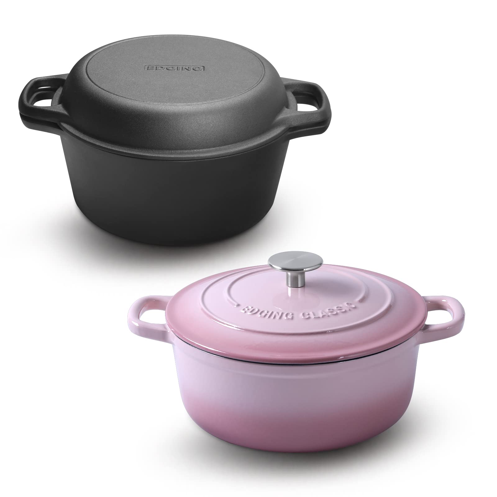 5.5 Quart Pink Dutch Oven with Dual Handle - 2-in-1 Pre-Seasoned Cast Iron Cookware Set with Skillet Lid - Perfect for Baking, Roasting, Braising & Camping - Ideal for Kitchen, Outdoor Cooking & Gift Giving