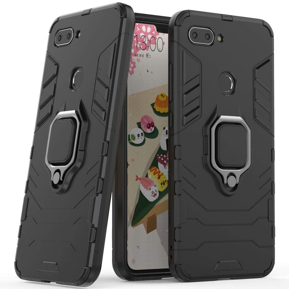 Xiaomi Mi 8 Lite Case with Metal Ring & Kickstand - Shockproof Hard Bumper Cover for Mi8 Lite | Magnetic Car Mount Compatible | Dual Layer Rugged Protection (Black) - Perfect for Daily Use, Travel & Hands-Free Viewing