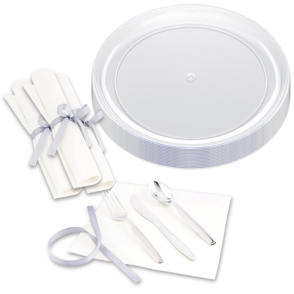 100-Pack Clear 9-Inch Elegant Plastic Plates & 100-Pack Silver Plastic Cutlery Set - Perfect for Parties, Weddings, and Catering Events