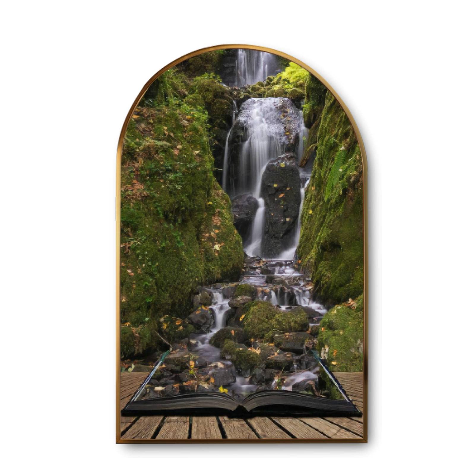Modern Giclee Canvas Wall Art with Golden Frames - Stunning Waterfall Landscape Painting on Lush Green Foliage, Ready to Hang Home Decor for Living Room, Bedroom & Office