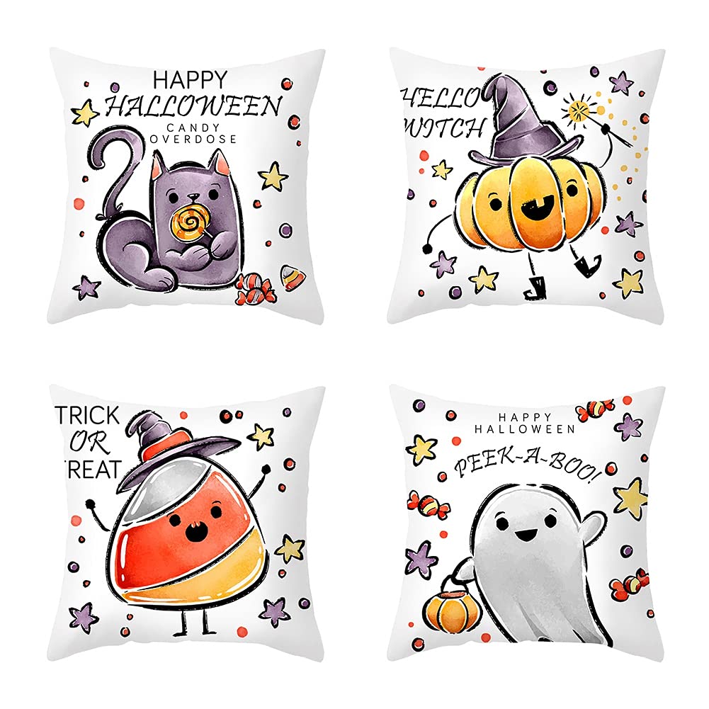 BenRan Halloween Printed Peach Skin Cushion Cover Set - 4-Piece Soft Decorative Pillow Covers for Sofa, Bed, Living Room - Perfect for Halloween Decor, Home Styling & Seasonal Festivities