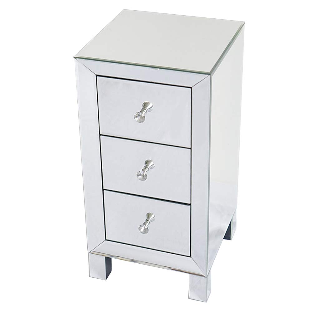 SSLine Modern 3-Drawer Mirrored End Table - Silver Finish Glass Nightstand & Bedside Dresser, Entryway Console Cabinet for Living Room, Bedroom & Hallway