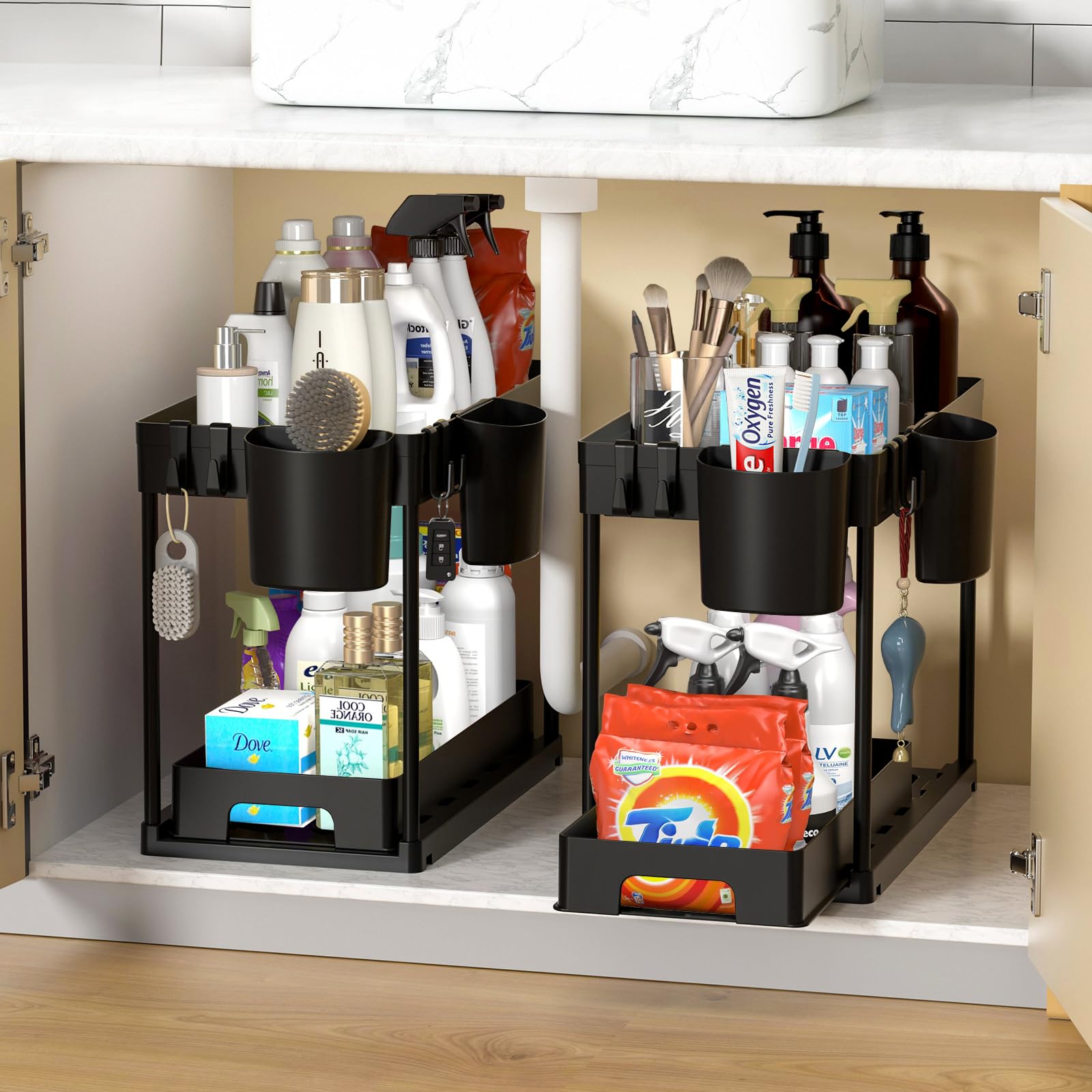 2 Pack Under Sink Organizer Set - 2 Tier Sliding Drawer Storage Shelf for Bathroom & Kitchen | Space Saving Cabinet Organizer with Baskets | Perfect for Narrow Spaces (Black) - Ideal for Organizing Cleaning Supplies, Toiletries & Beauty Products Under Sink