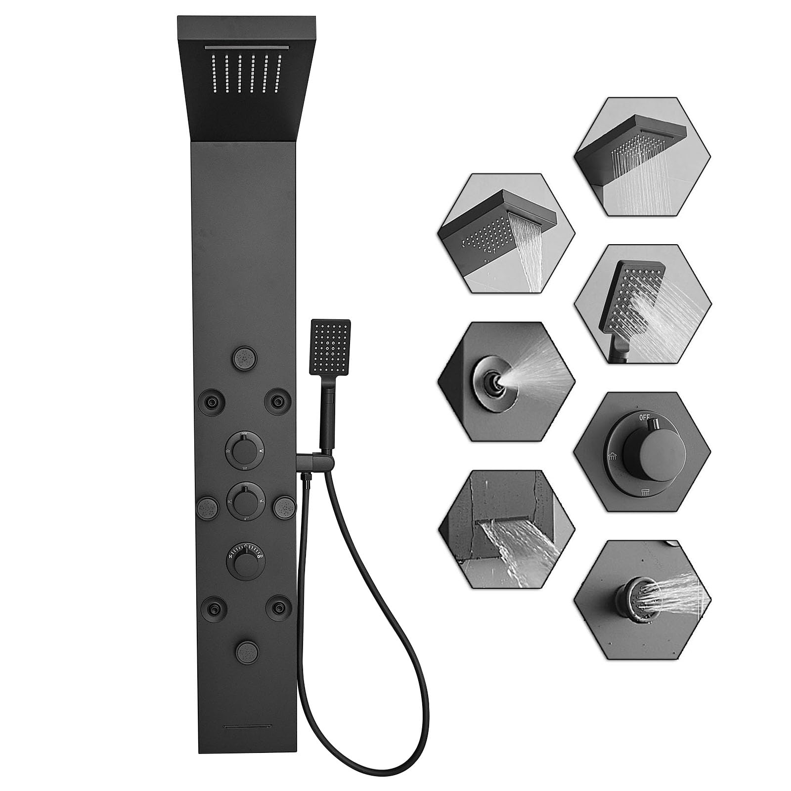 6-in-1 Stainless Steel Shower Panel System with Rainfall Showerhead, Body Jets & Handheld Spray - Black Wall Mount Shower Tower for Spa-Like Relaxation - Perfect for Master Bathrooms & Luxury Home Renovations