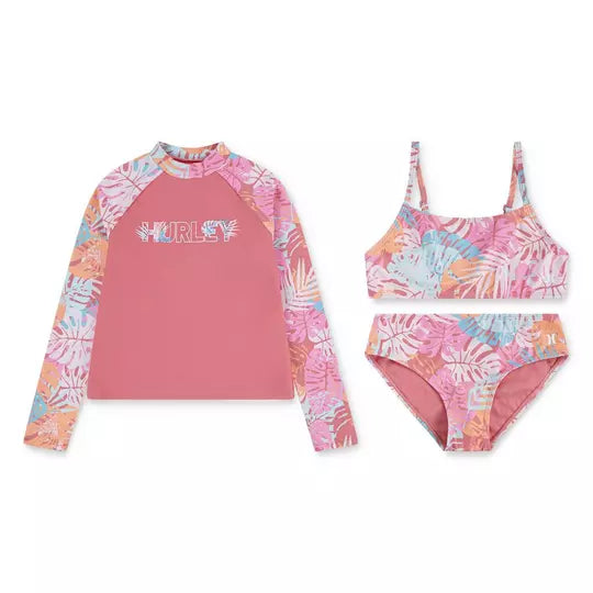 HURLEY® Junior Girls' Rashguard & Bikini 3-Piece Swimsuit Set for Ages 7-16 | UV Protection Swimwear for Beach, Pool & Surfing
