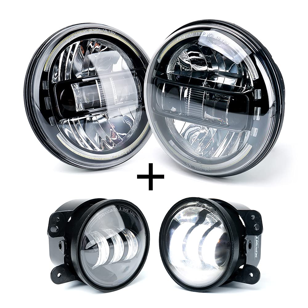 Xprite 7 Inch CREE LED Headlight Kit with High/Low Beam + 4 Inch LED Fog Lights - Compatible with Jeep Wrangler, Truck, SUV & Off-Road Vehicles for Night Driving & Adventure