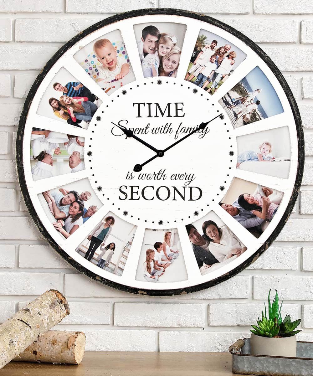 Personalized 12 Photo Collage Rustic Farmhouse Wood Wall Clock - 25 Inch Extra Large Whitewashed Wood Frame - Silent Non-Ticking Battery Operated - Perfect for Home Decor, Kitchen, Living Room & Office