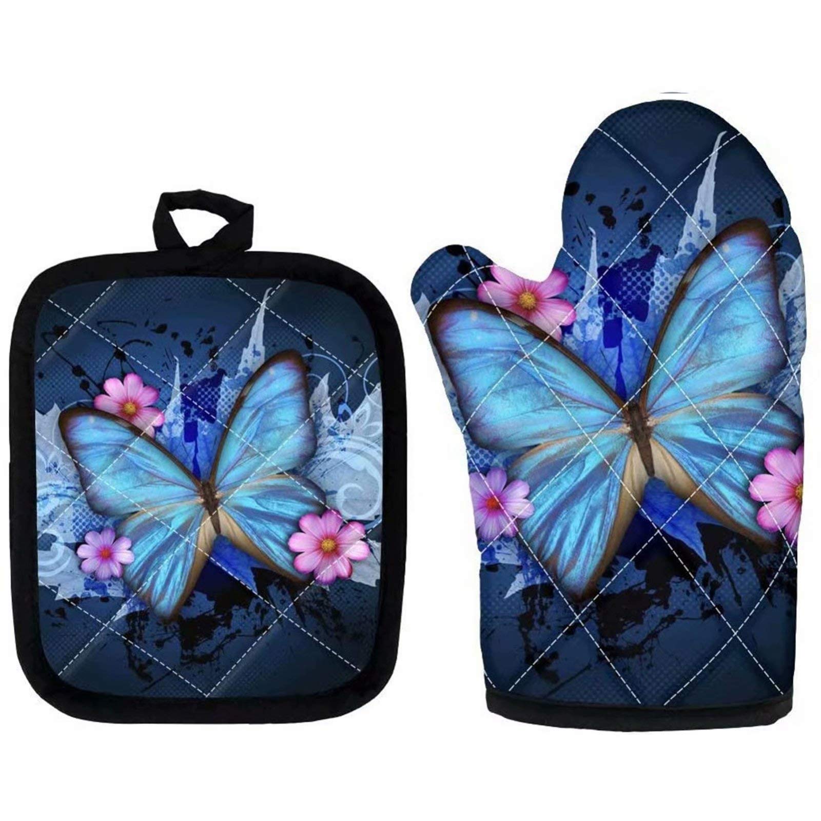 Snilety Blue Butterfly Printed Oven Mitts & Pot Holders Set of 2 - Non-Slip Cotton Heat Resistant Gloves for Cooking, Baking & Grilling - Microwave Safe & Washable Kitchen Accessories - Perfect for Holiday Baking, BBQ & Home Kitchen Use