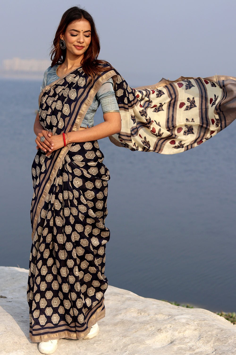 Handblock Printed Chanderi Saree in Black | Authentic Indian Silk Saree for Women | Perfect for Weddings, Parties & Festive Occasions
