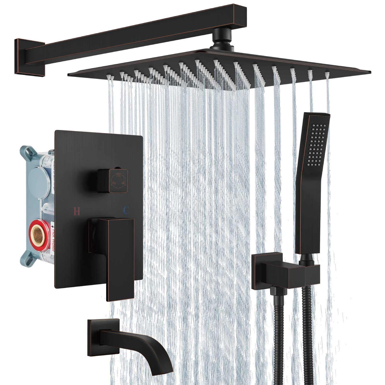 Luxury Rainfall Shower System Set - 10 Inch Oil Rubbed Bronze Shower Head with Handheld Sprayer, Tub Filler & Rough-in Valve | Wall Mount Bathroom Mixer Faucet for Spa-Like Experience