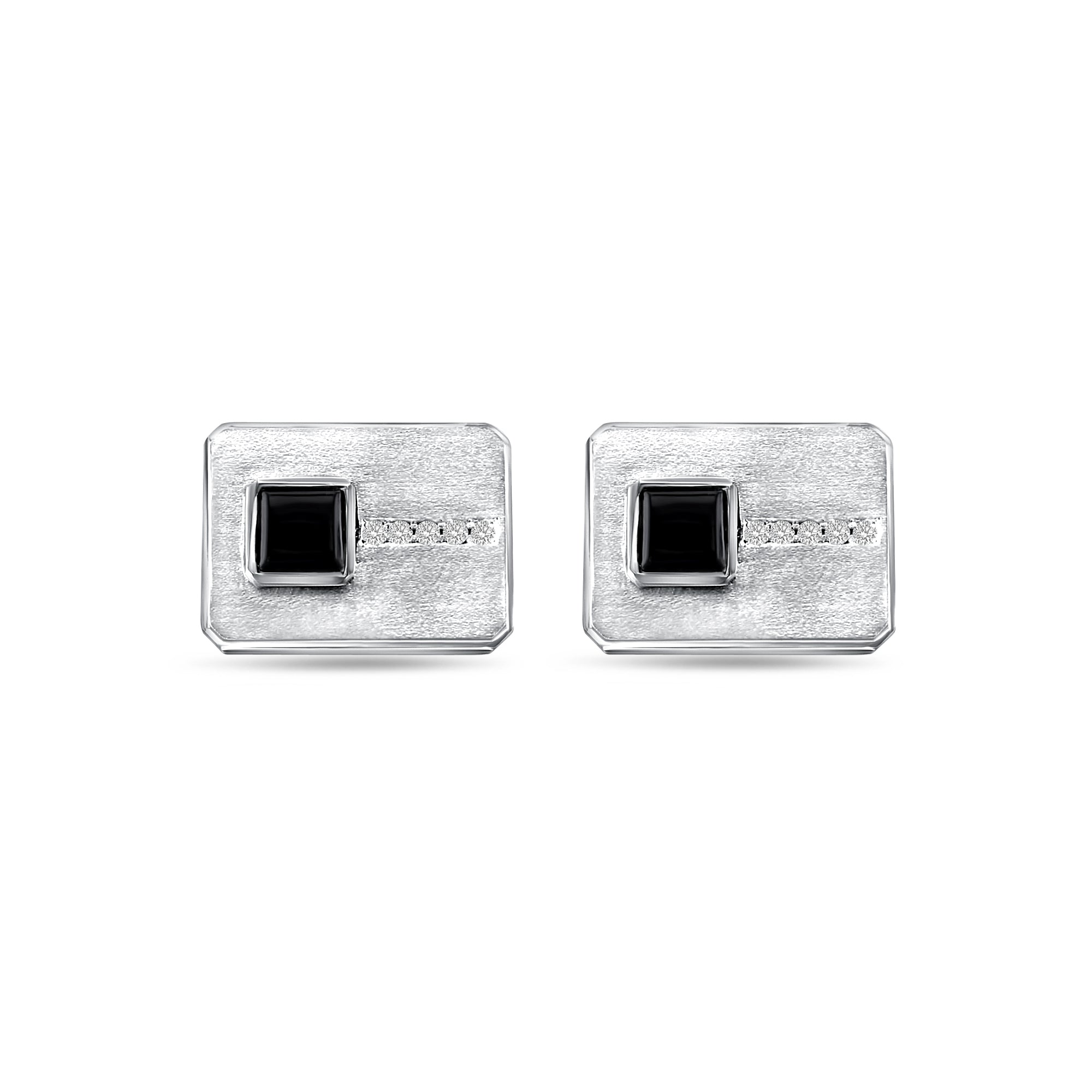 14K White Gold Rectangle Diamond & Onyx Cufflinks for Men - Elegant Formal Wear Accessories for Weddings, Business & Special Occasions