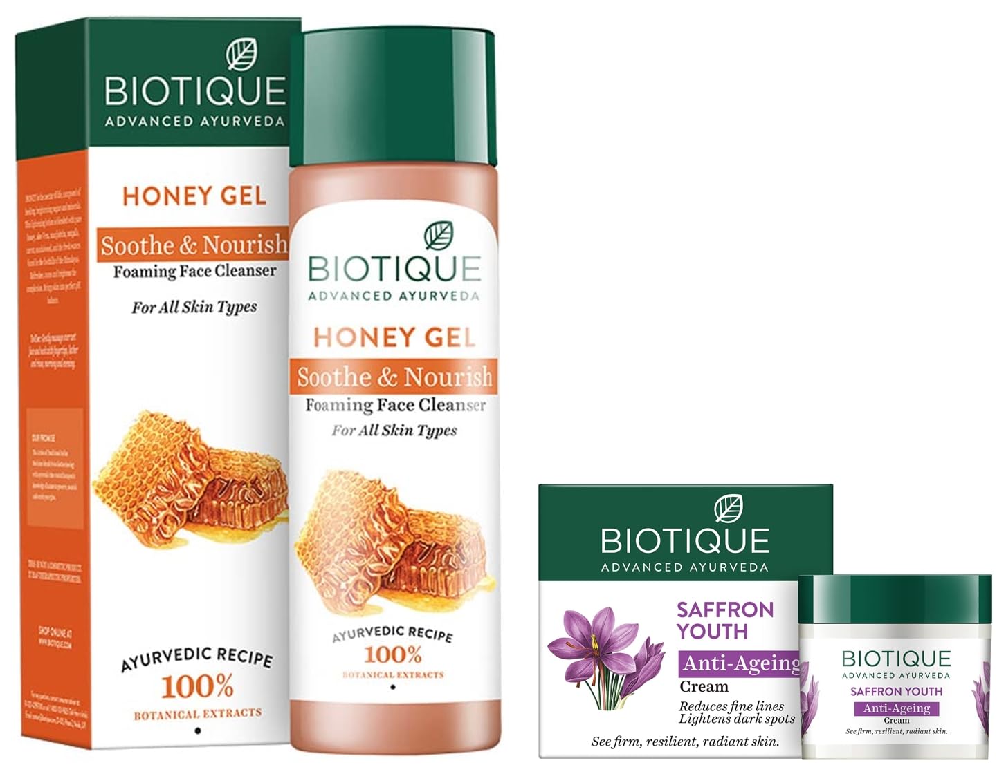 Biotique Bio Saffron Dew Youthful Nourishing Day Cream 50g & Bio Honey Gel Foaming Face Cleanser 120ml - For All Skin Types | Daily Skincare Routine for Hydration & Radiance