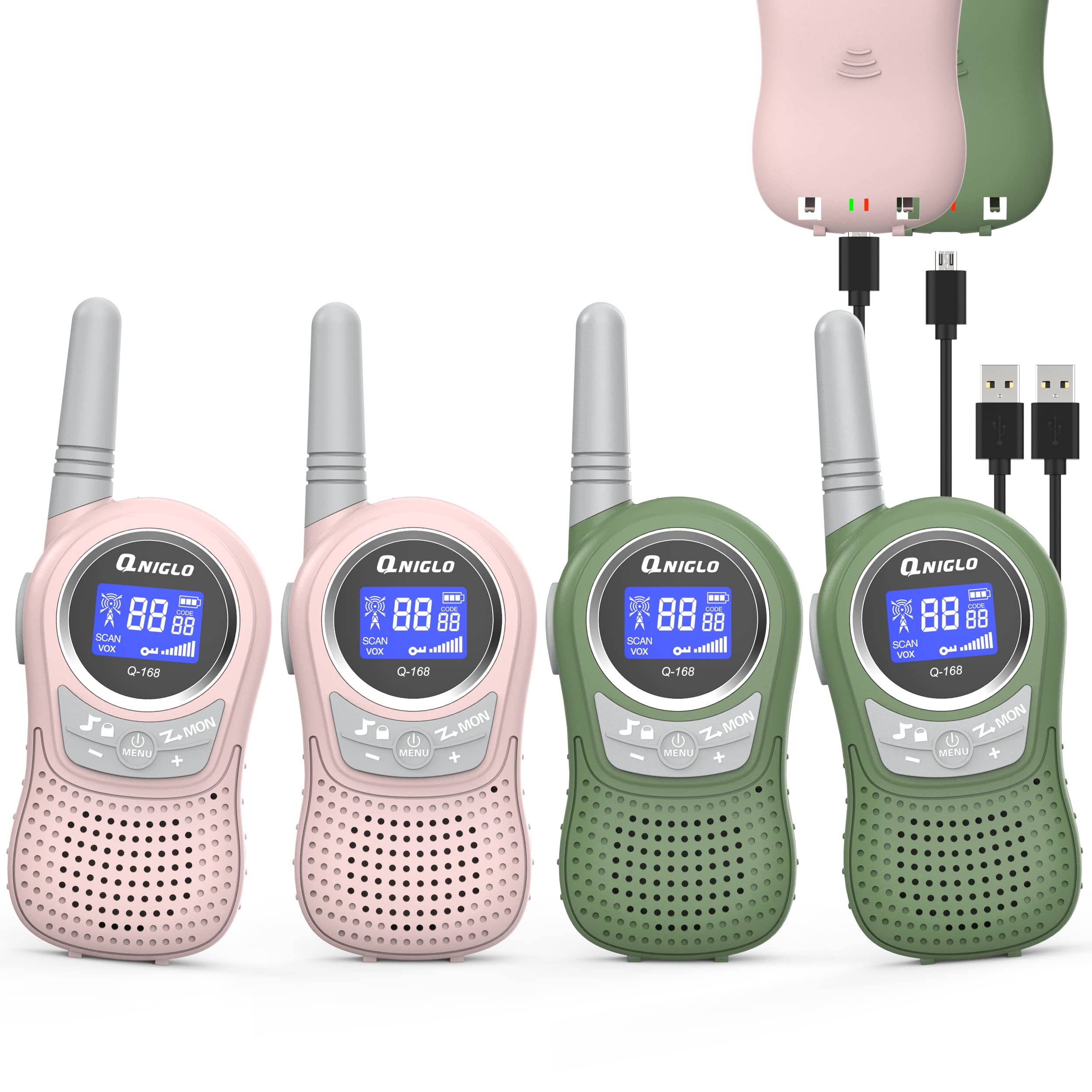 Qniglo 4 Pack Rechargeable Walkie Talkies for Kids & Adults - Long Range Two Way Radios with VOX, Perfect for Outdoor Camping, Hiking, Family Games, and as Christmas Birthday Gifts for Boys & Girls