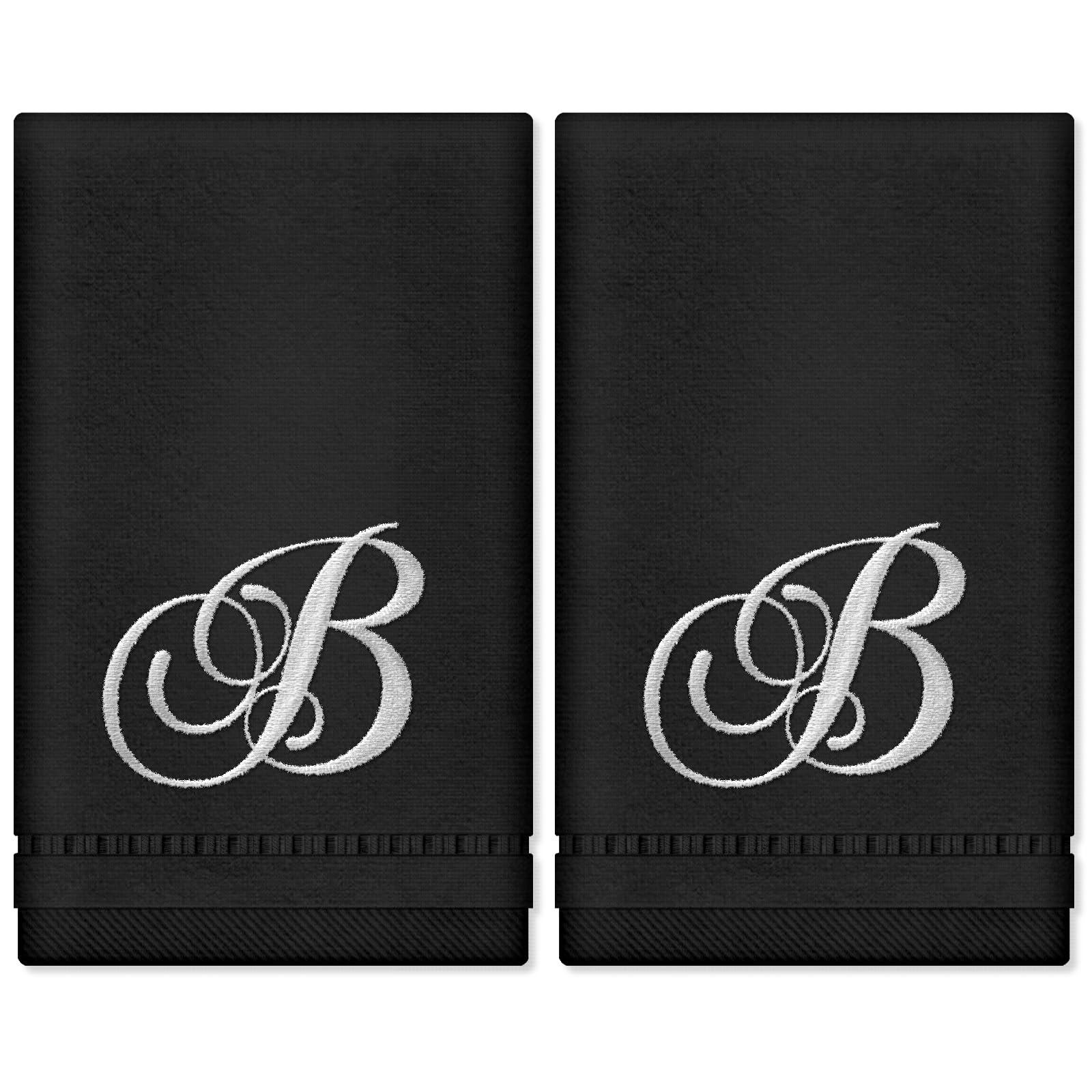 KLL Monogrammed Hand Towels Set - 100% Cotton Embroidered Bathroom Towels (11x18 Inches, Black, Letter B) - Soft & Absorbent Fingertip Towels for Guest Bathrooms, Powder Rooms & Spa Decor - Set of 2