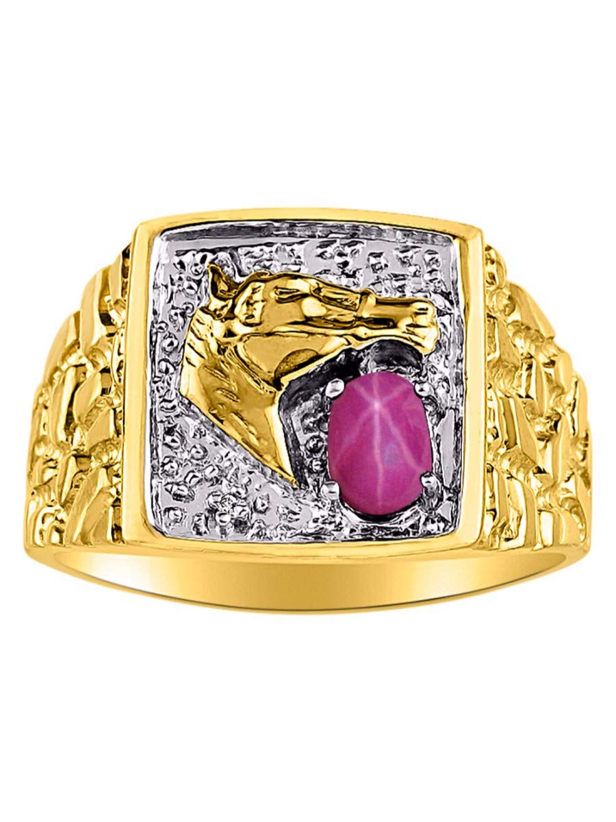 Men's Yellow Gold Plated Silver Ring with 6X4MM Star Ruby & Genuine Diamond - Lucky Nugget Horse Head Design - July Birthstone Ring for Men (Sizes 8-13) - Perfect for Weddings, Anniversaries & Special Occasions