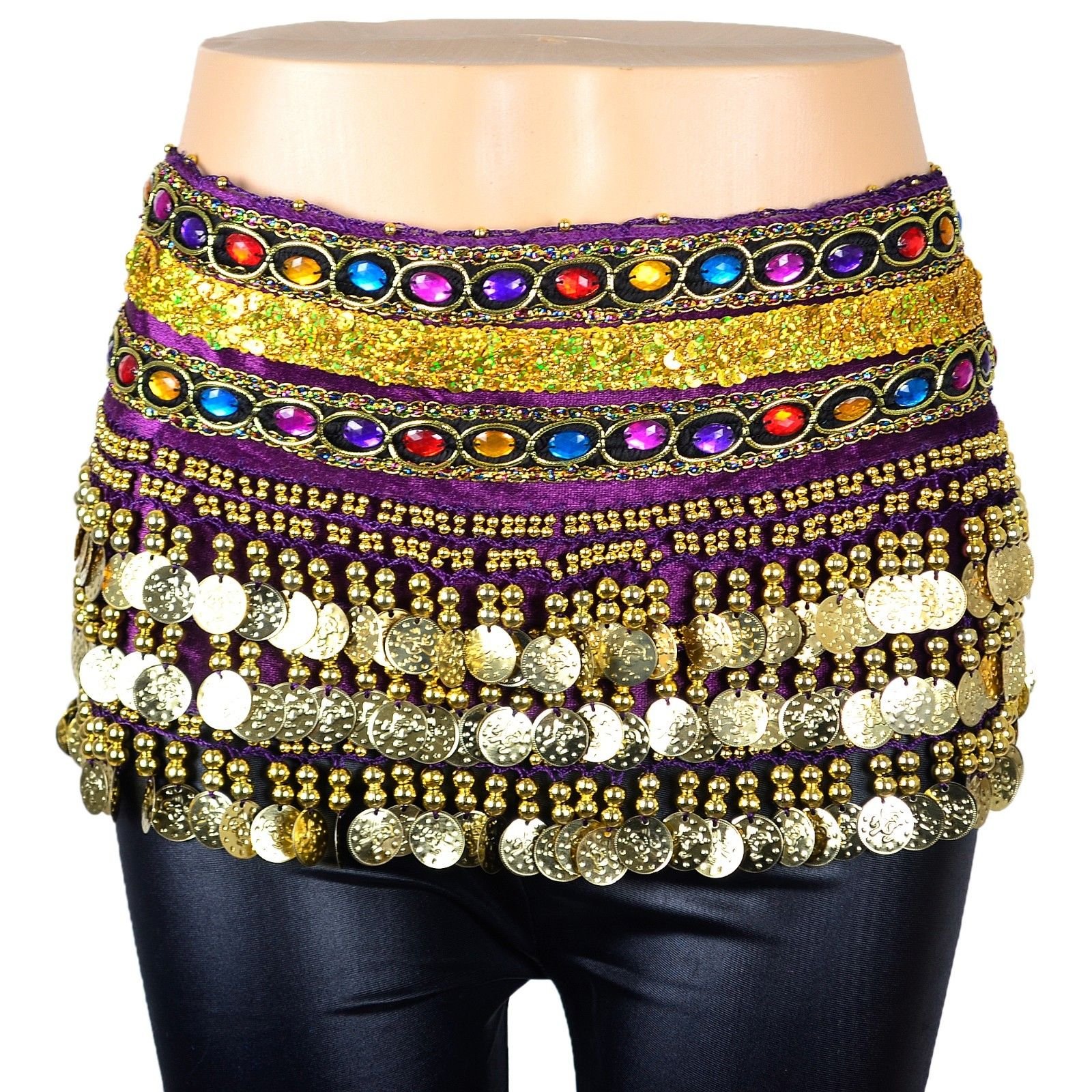 Velvet Belly Dance Hip Scarf with Gold Coins, Faux Gemstones & Sequins - Perfect for Middle Eastern Dance, Costume Parties & Performance Accessories