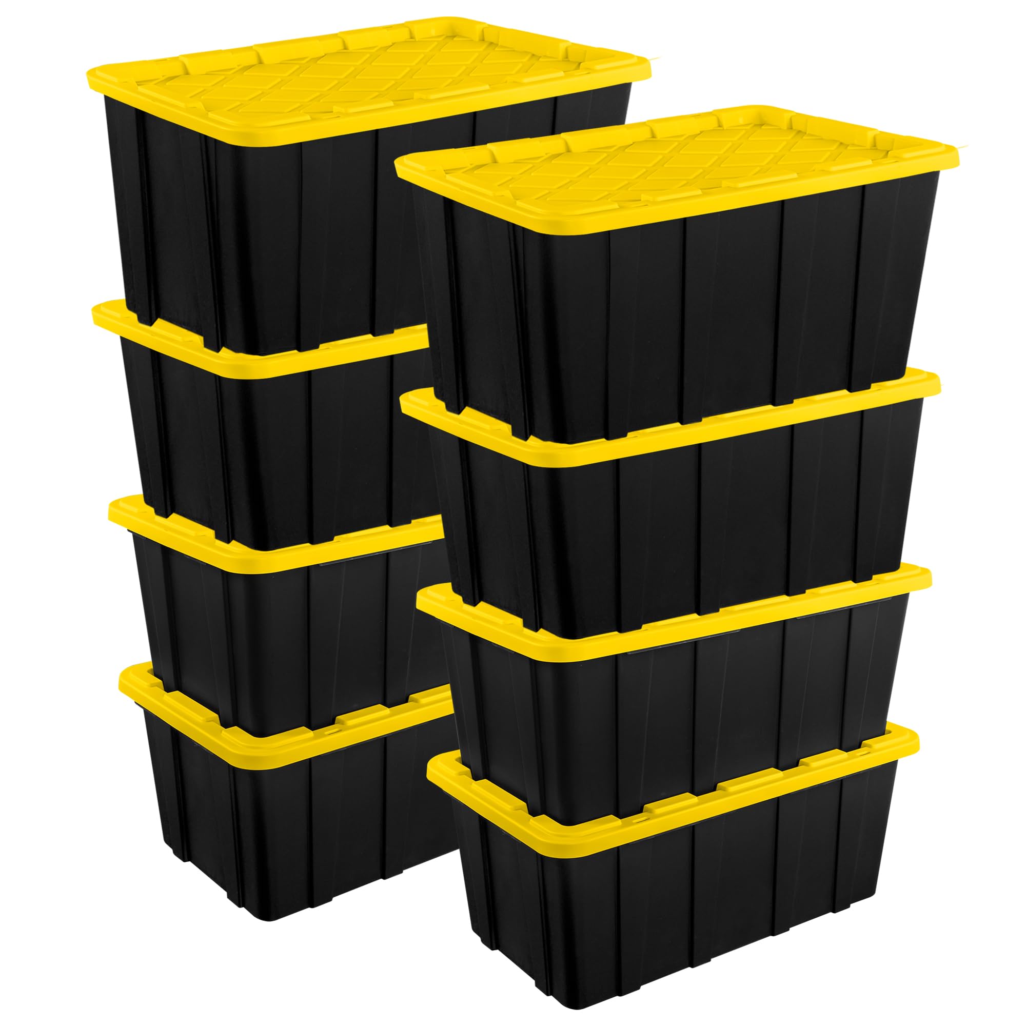 Sterilite 8-Pack 38 Gallon Heavy Duty Stackable Storage Bins with Lids - Black & Yellow - Perfect for Home Organization, Garage Storage, and Moving Supplies