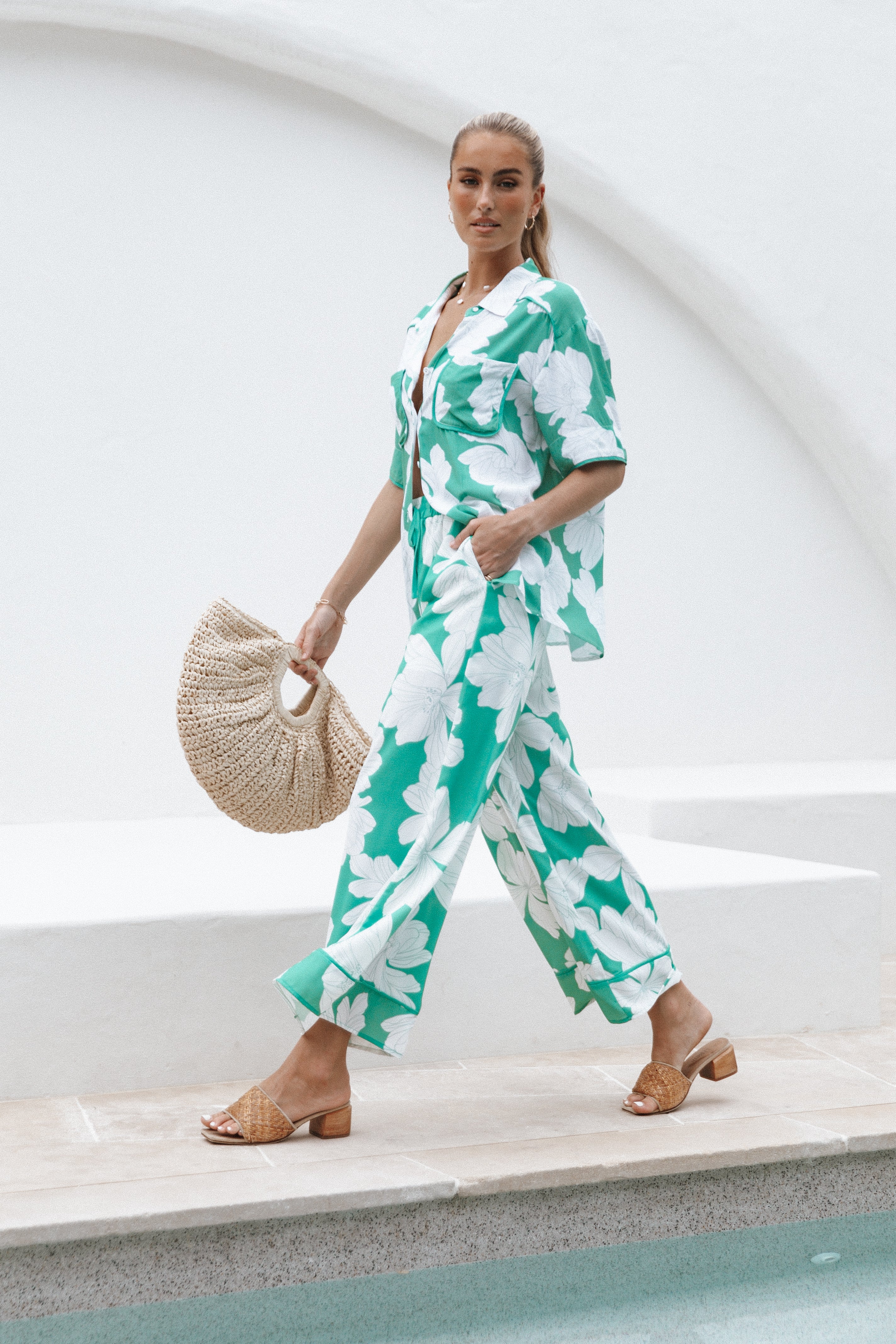 Bentley Women's Wide Leg Pants - Green Floral Print High Waist Linen Trousers for Casual Wear & Summer Outfits