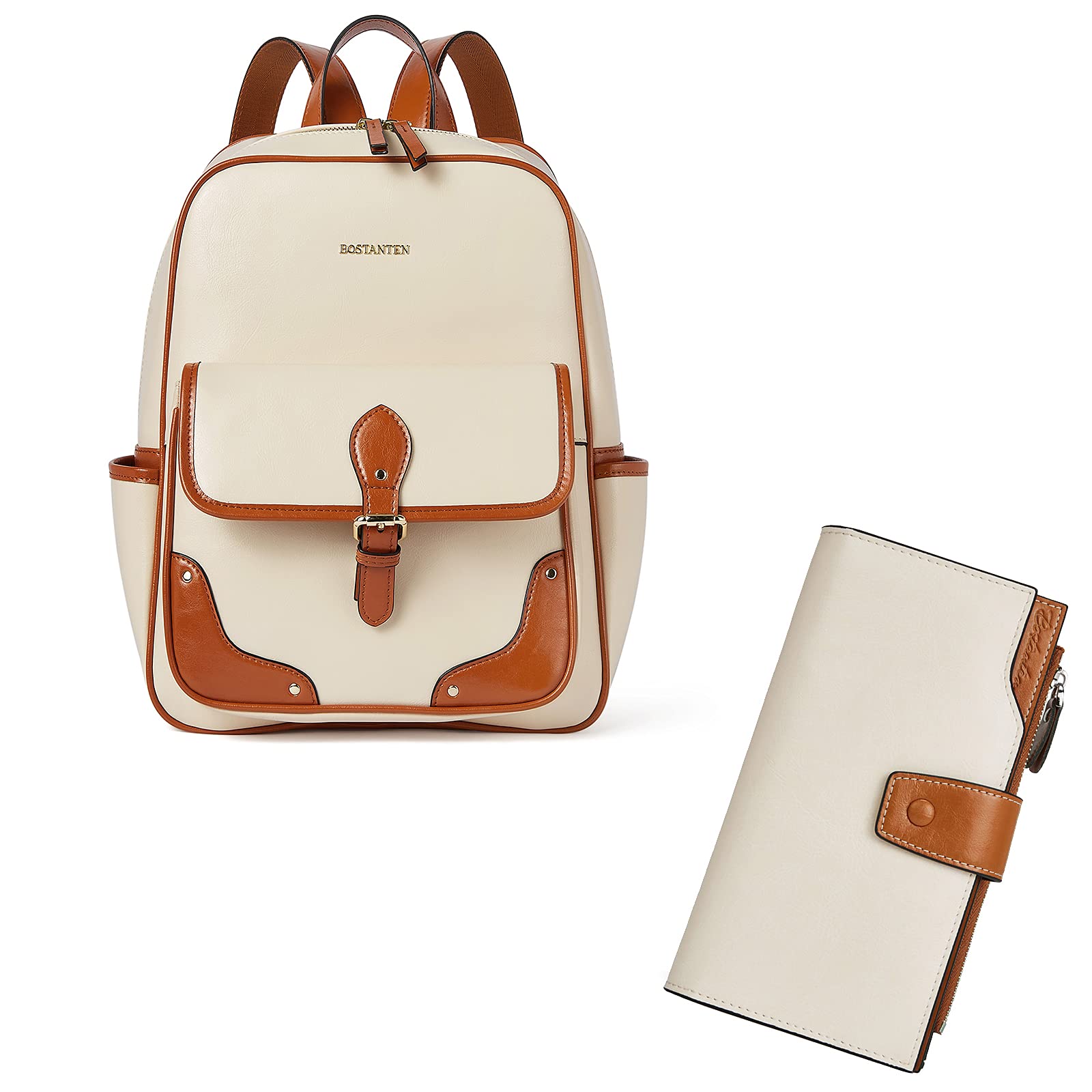 BOSTANTEN Genuine Leather Women's Backpack Purse - Small Fashion Backpack in Beige & RFID Blocking Leather Wallet - Large Capacity Credit Card Holder & Phone Clutch in Apricot | Perfect for Travel, Work, and Everyday Use