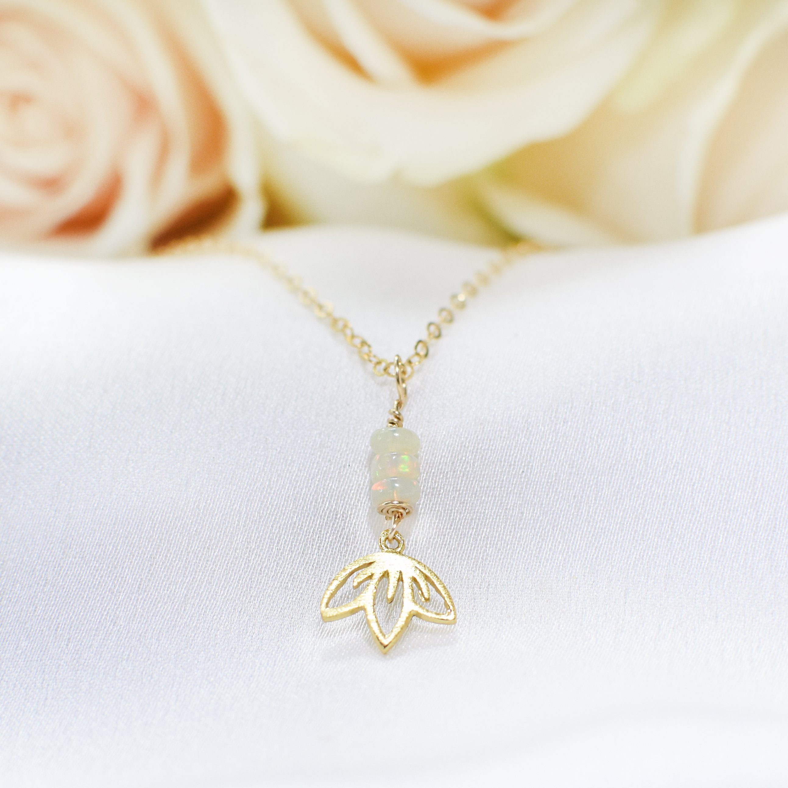 Fire Opal Necklace with 3 Bead Lotus Charm - 14K Gold Filled Jewelry for Women | Elegant Gift for Birthday, Anniversary & Special Occasions