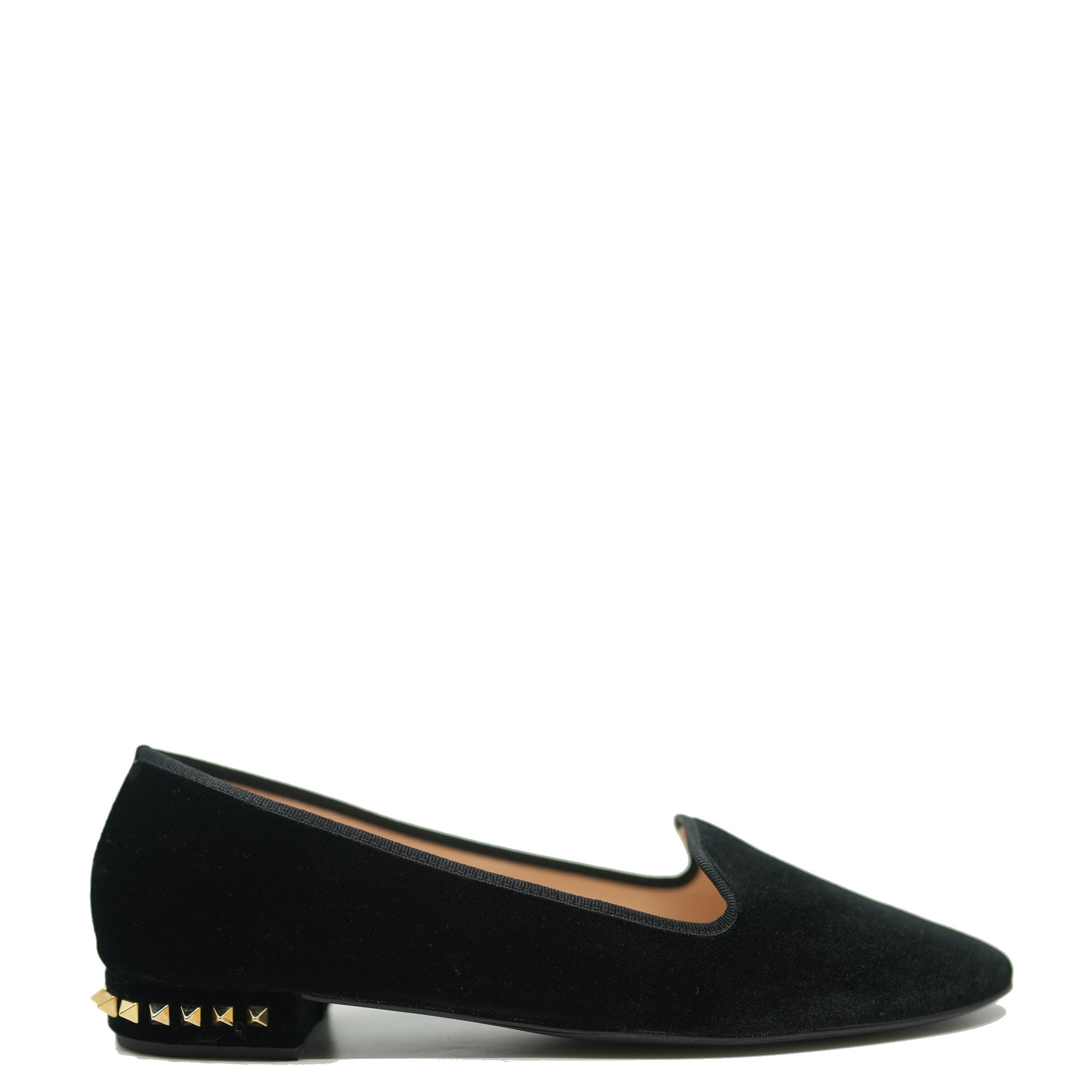 Spain+Co Black Velvet Studded Heel Flats - Women's Fashion Shoes for Party, Wedding & Evening Events