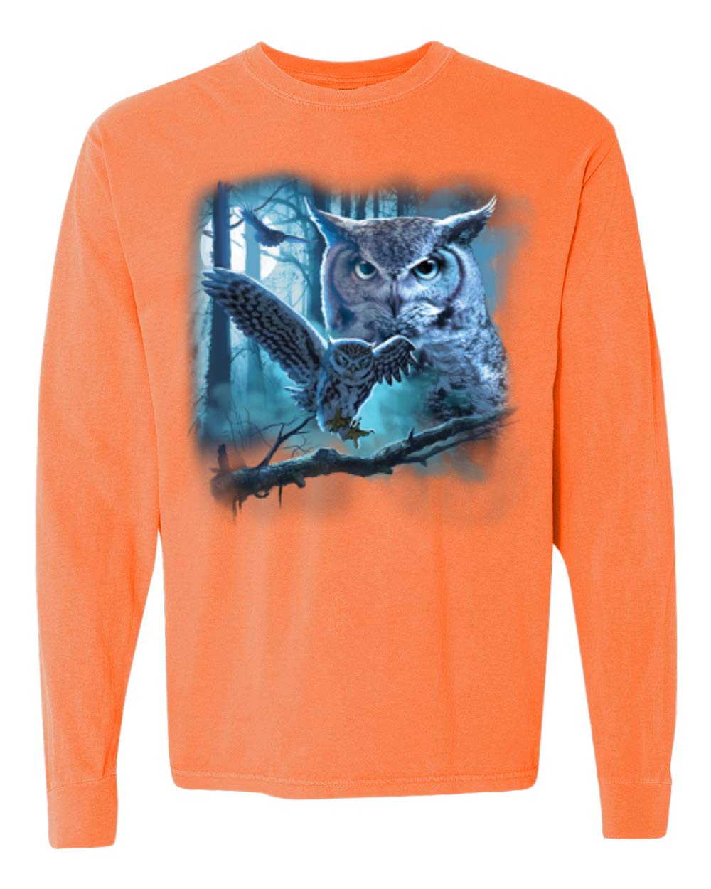 Moonlit Owl Print Long Sleeve T-Shirt for Animal Lovers - Vintage Washed Cotton Tee - Perfect for Nature Walks, Camping & Casual Outfits