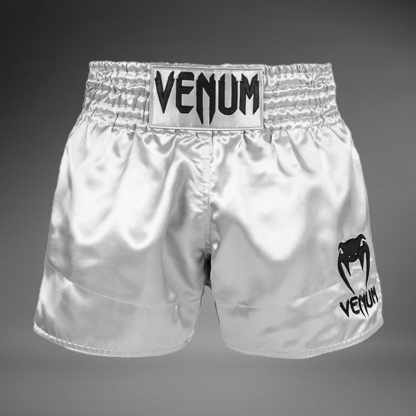 Venum Classic Muay Thai Shorts for Men - Silver & Black MMA Fight Shorts | Perfect for Muay Thai Training, Kickboxing & MMA Fighting