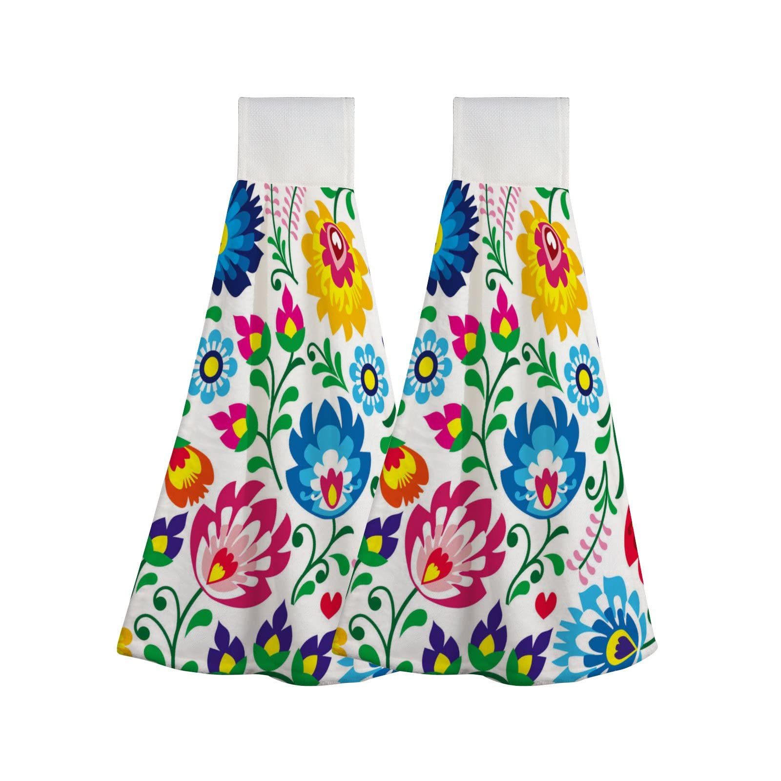 Floral Polish Folk Art Microfiber Hanging Kitchen Towels - 2 Pack Absorbent Hand Towels with Tie Loop for Bathroom, Kitchen & Home Decor - Perfect for Drying Dishes, Wiping Hands & Adding Rustic Charm