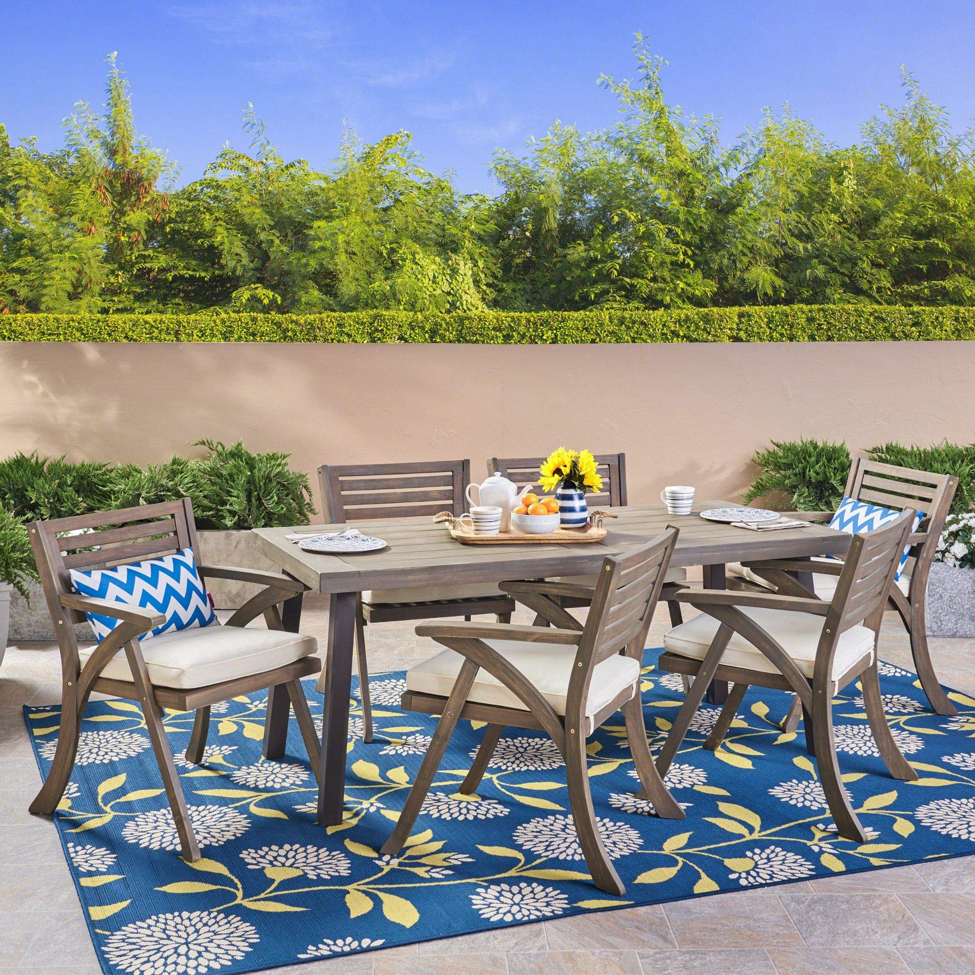 7-Piece Gray Traditional Wood Outdoor Patio Dining Set with Cream Cushions - Contemporary Home Living Furniture for Garden, Backyard & Poolside Relaxation