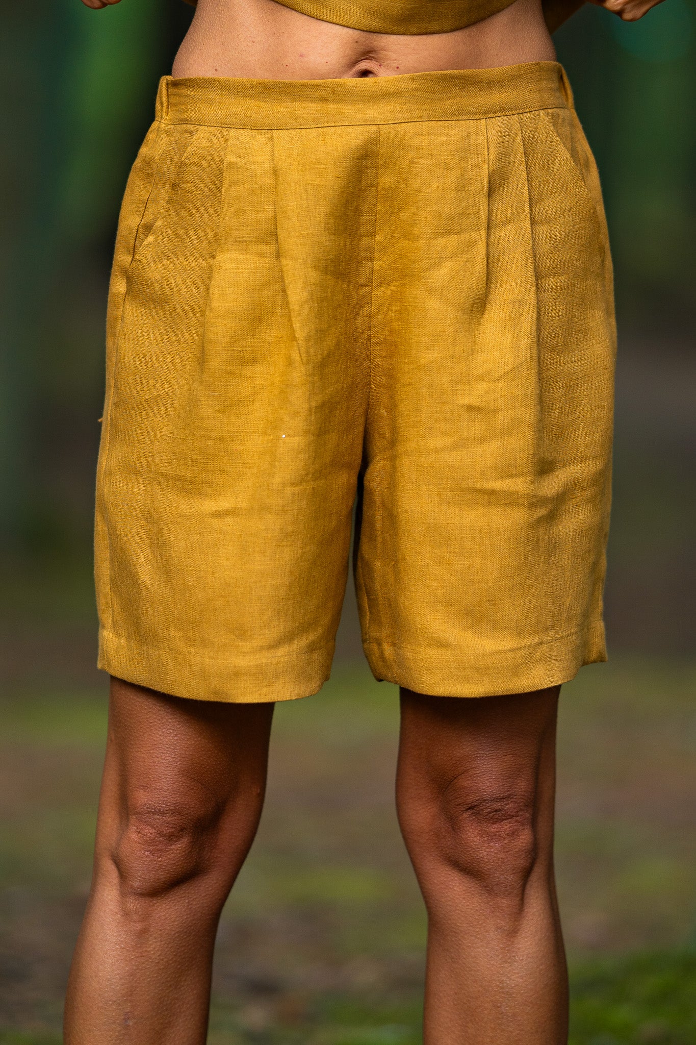 BERGEN Linen Pleated Shorts for Women - Comfortable & Stylish Amber Yellow Summer Shorts - Perfect for Beach, Vacation & Casual Outings