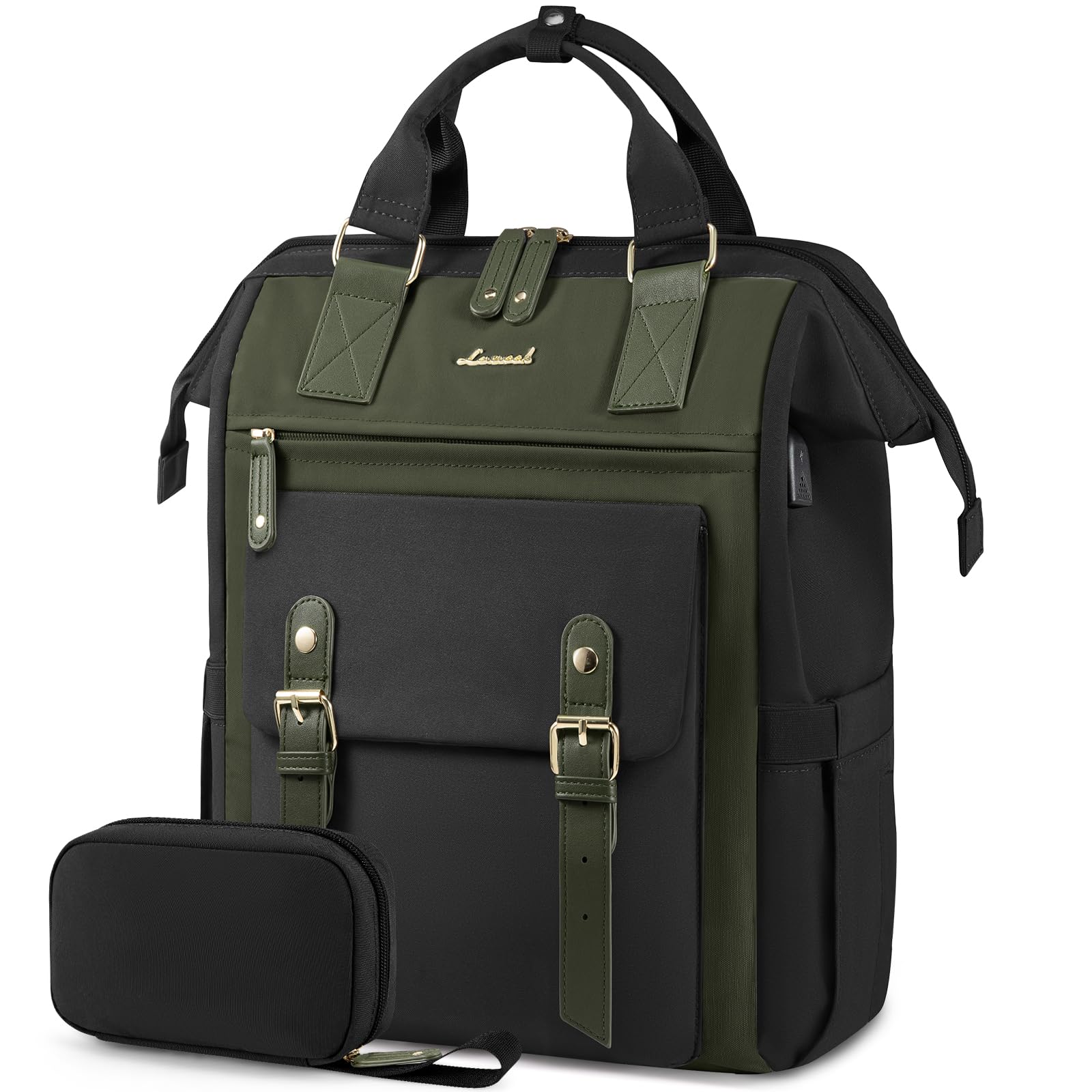 LOVEVOOK 15.6 Inch Laptop Backpack for Women - Waterproof Work Travel Backpack with Wide Opening, Professional Nurse Teacher Doctor Business Bag, College School Backpack (Black-Army Green) - Perfect for Office Commute, Business Trips & Campus Life