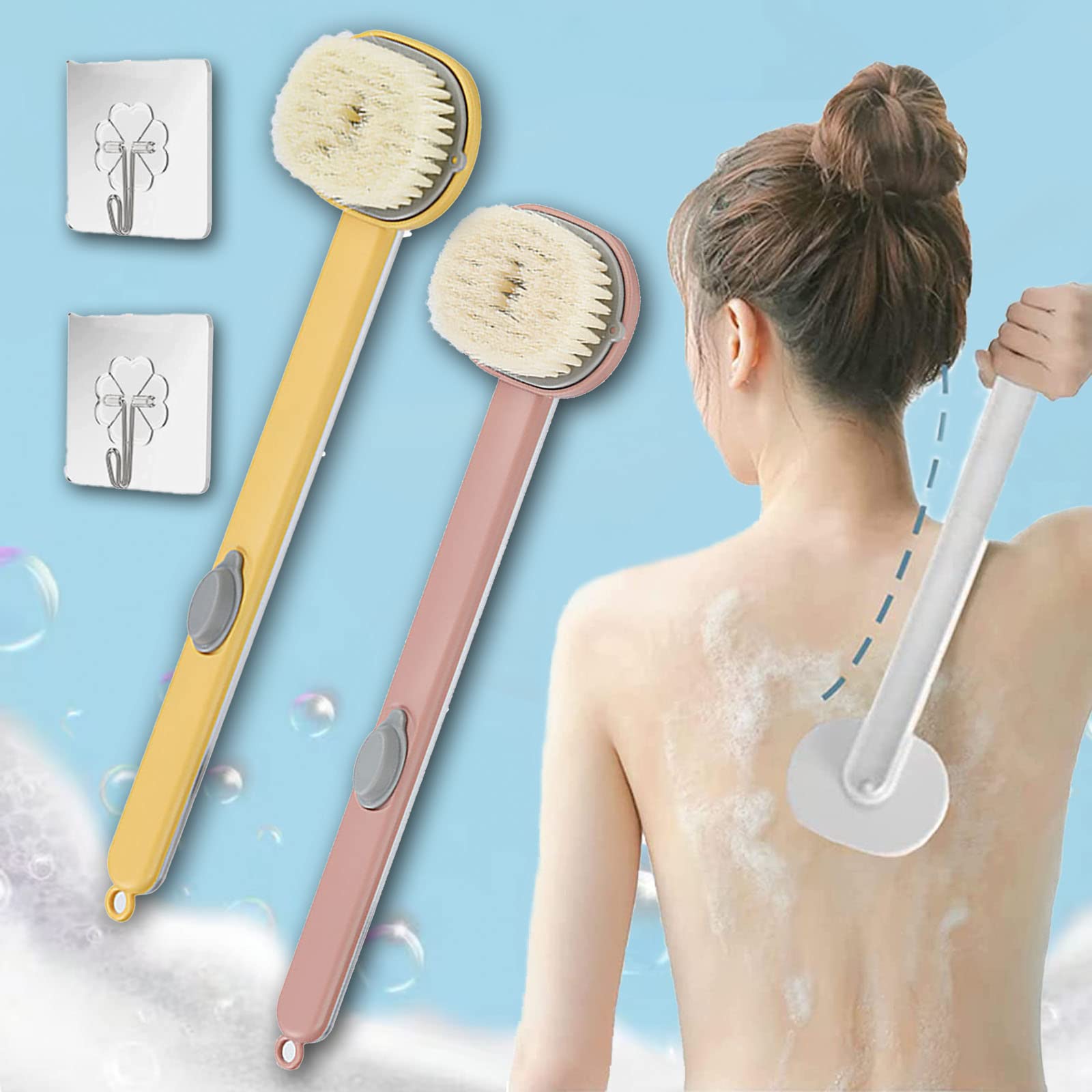 Long Handle Bath Brush with Detachable Head - Exfoliating Back Scrubber for Shower, Body Wash Applicator with Storage Groove (Yellow & Pink) | Perfect for Hard-to-Reach Areas & Deep Cleansing in Bath or Shower