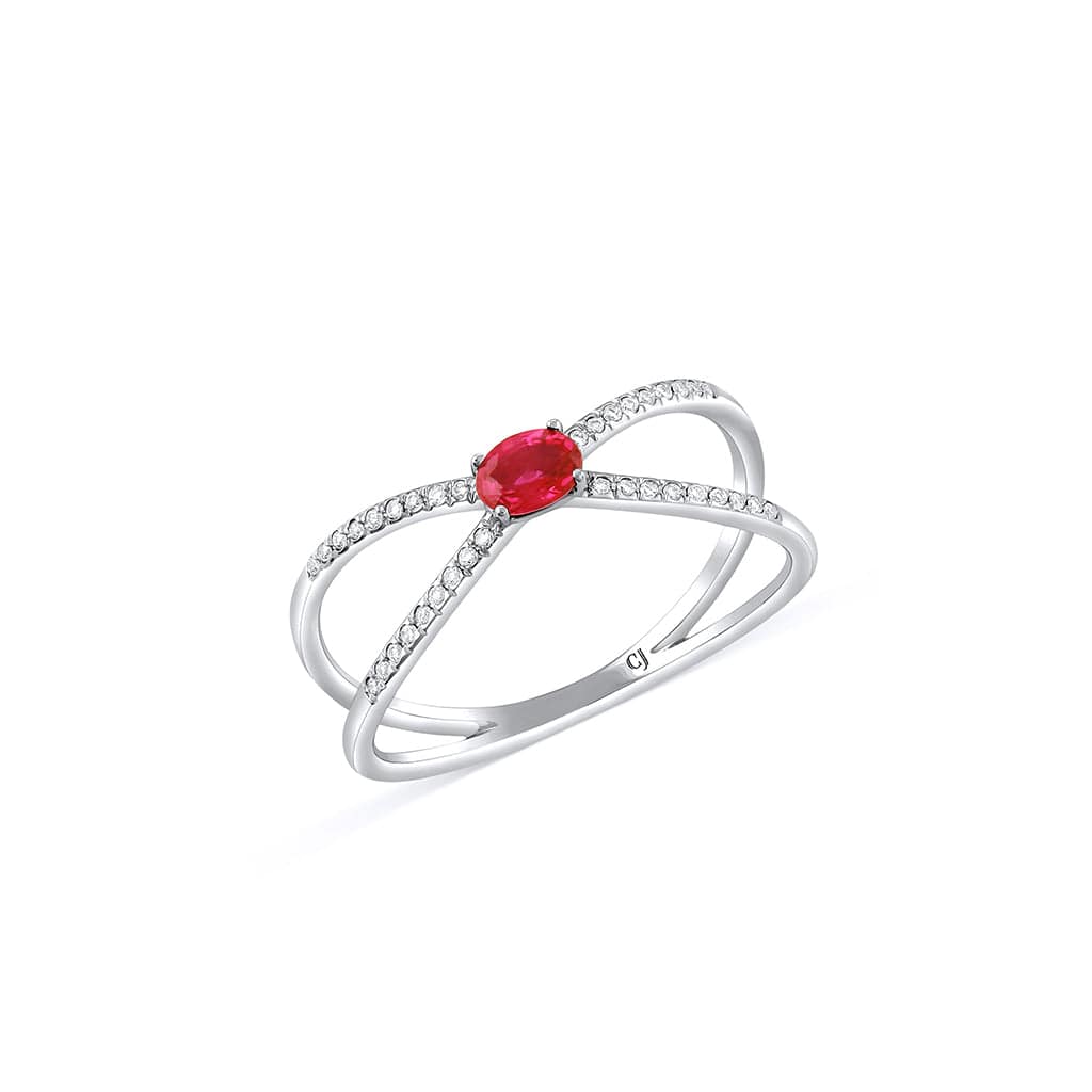 18K White Gold 0.27ct Ruby and Diamond X Ring - Elegant Stackable Ring for Women, Perfect for Anniversary, Engagement & Everyday Wear