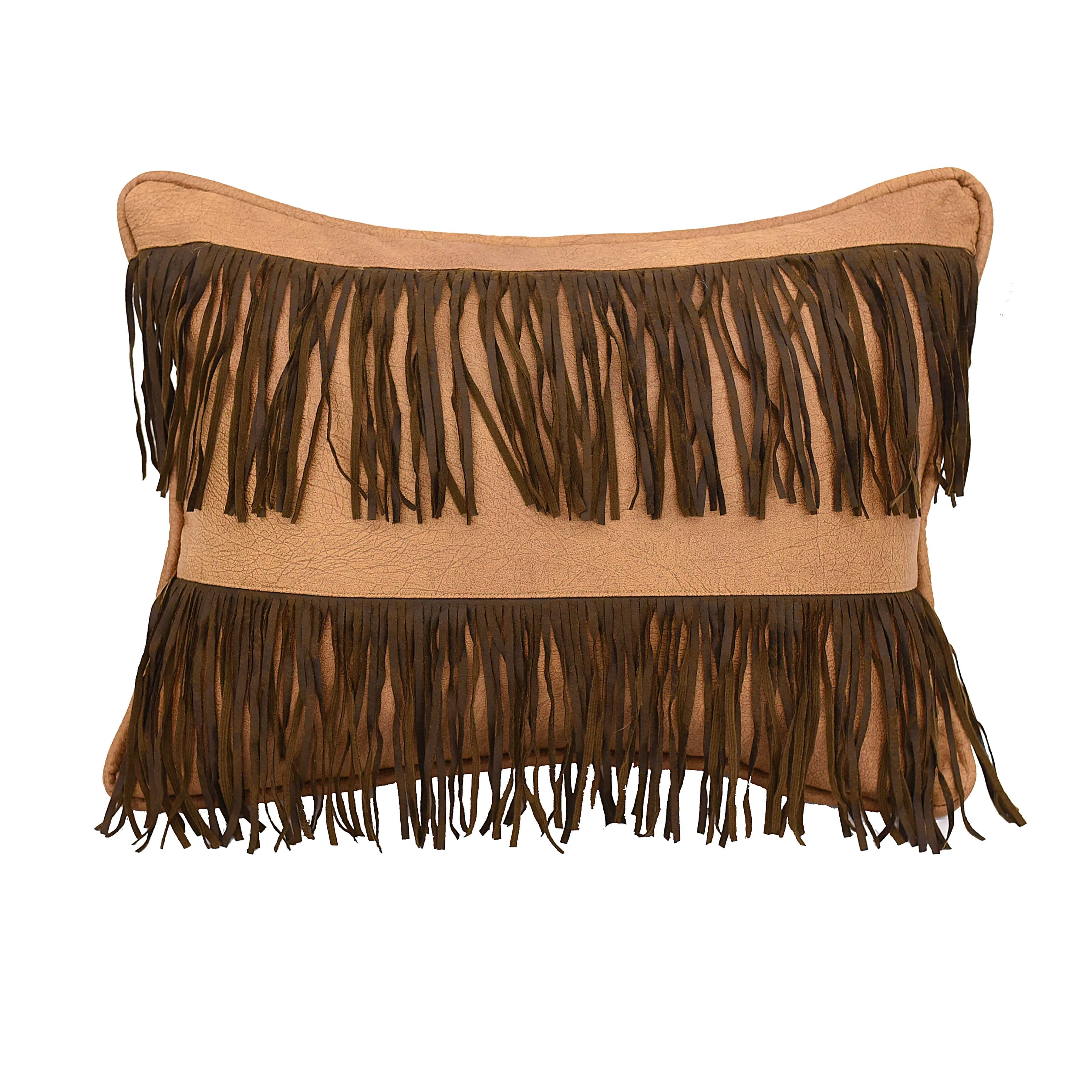 Double Row Fringe Throw Pillow - Tan Faux Leather Couch Pillow for Living Room, Bedroom & Sofa Decor | Boho Chic Home Accent