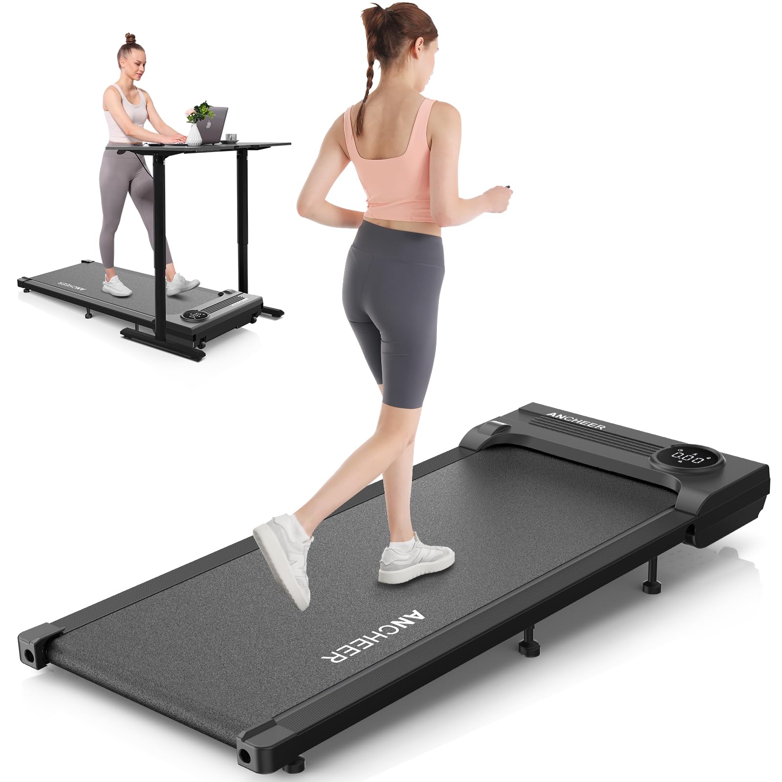 ANCHEER 2-in-1 Under Desk Treadmill - 2.5HP Quiet Walking Pad with LCD Display for Home Office - Black | Compact Treadmill for Walking While Working, Watching TV or Exercising in Small Spaces