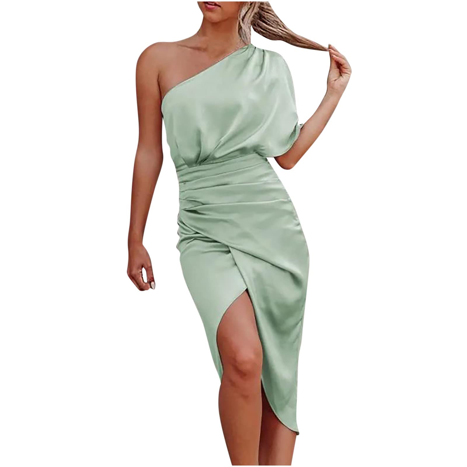 Elegant One Shoulder Ruched Cocktail Dress for Women - Summer Wedding Guest Dress, Formal Party Gown with Slit, Solid Color - Perfect for Weddings, Cocktail Parties, and Special Occasions