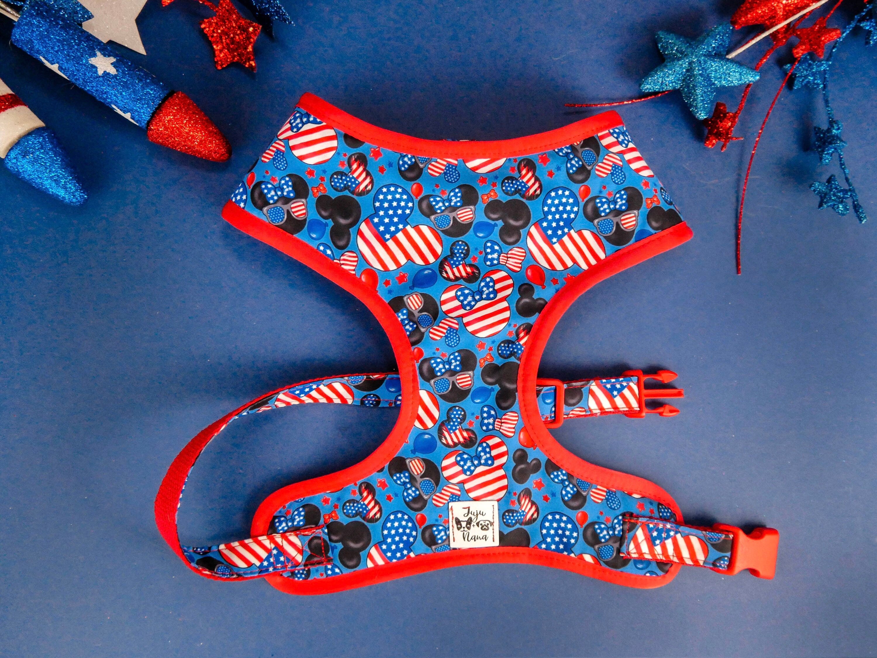 Patriotic Dog Harness with Mickey Cookie Design - Comfortable & Adjustable for Small to Medium Dogs - Perfect for 4th of July, Halloween & Christmas Outfits