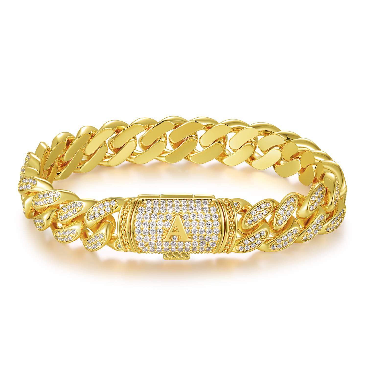 ETEVON Gold Plated Cuban Link Initial Bracelet for Men - Hip Hop Jewelry Gift for Boyfriend, Husband, Son, Dad - Birthday, Christmas, Anniversary, Valentine's Day Gift - Diamond Accent Gold Chain Bracelet - Perfect for Parties, Date Nights, Special Occasions